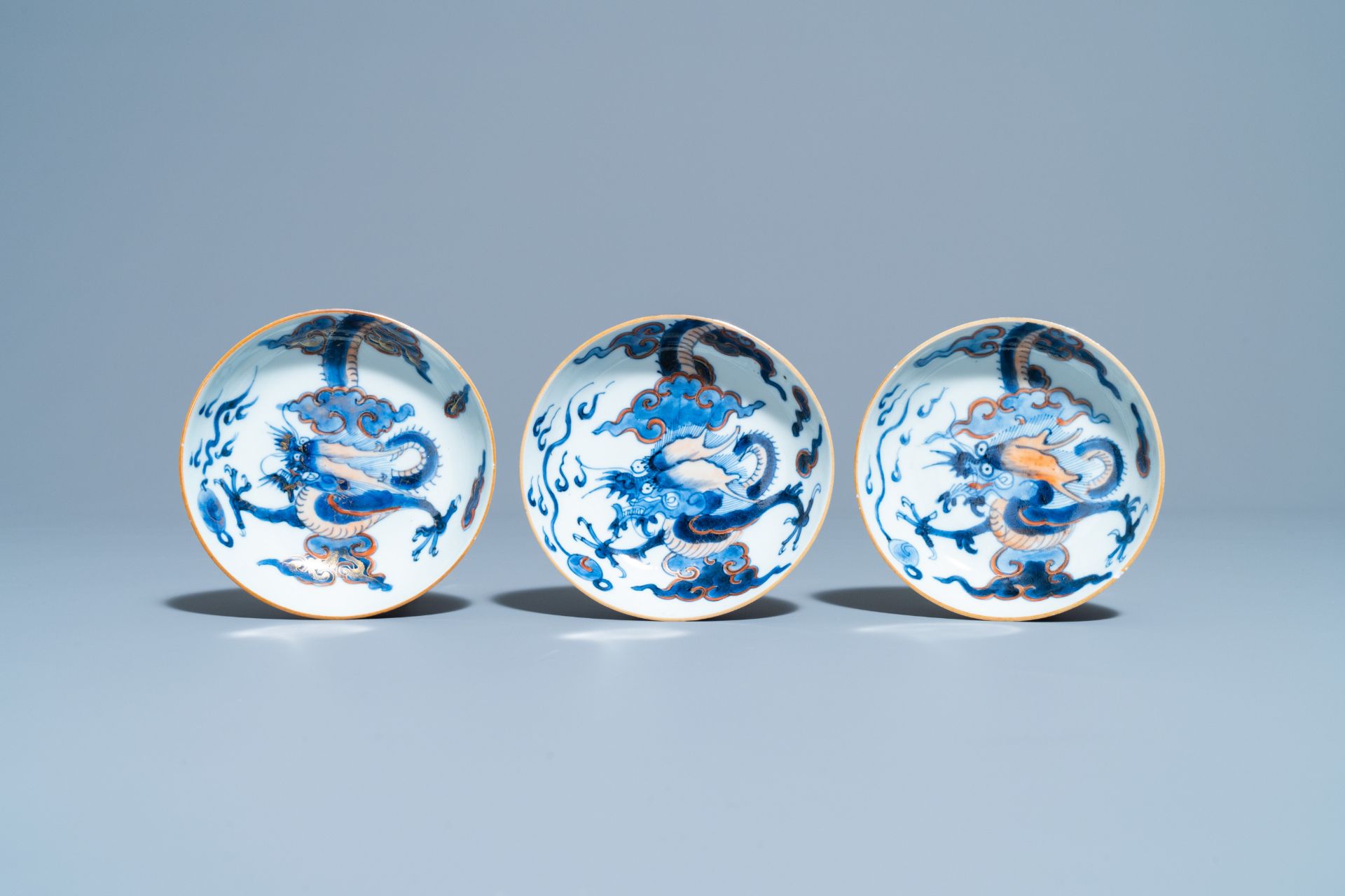 Six Chinese doucai 'dragon' cups and saucers, Kangxi - Image 4 of 11