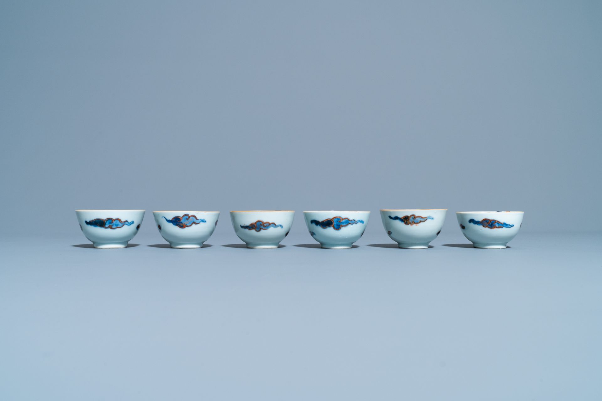 Six Chinese doucai 'dragon' cups and saucers, Kangxi - Image 8 of 11