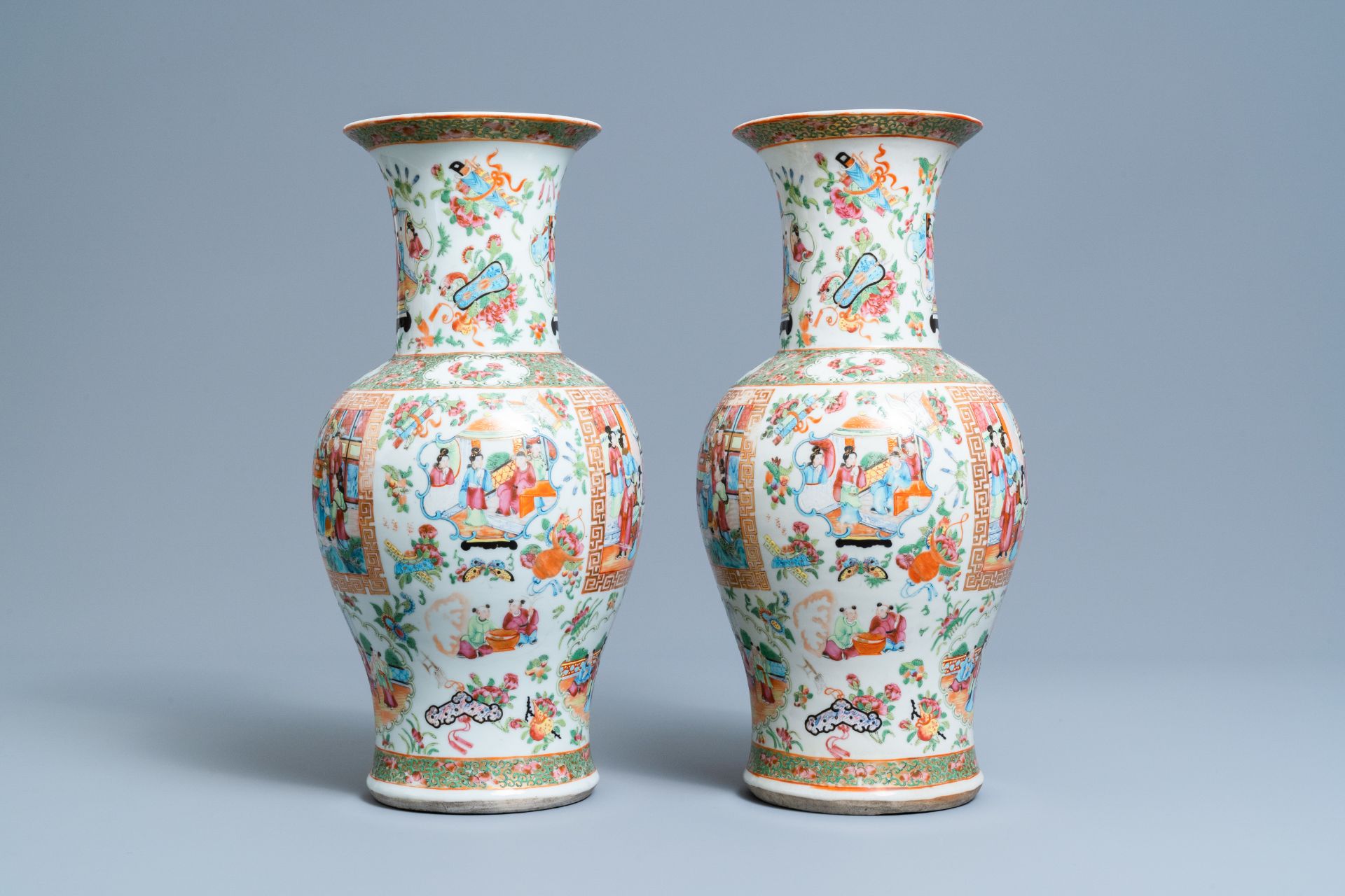 A pair of Chinese Canton famille rose vases, 19th C. - Image 4 of 6