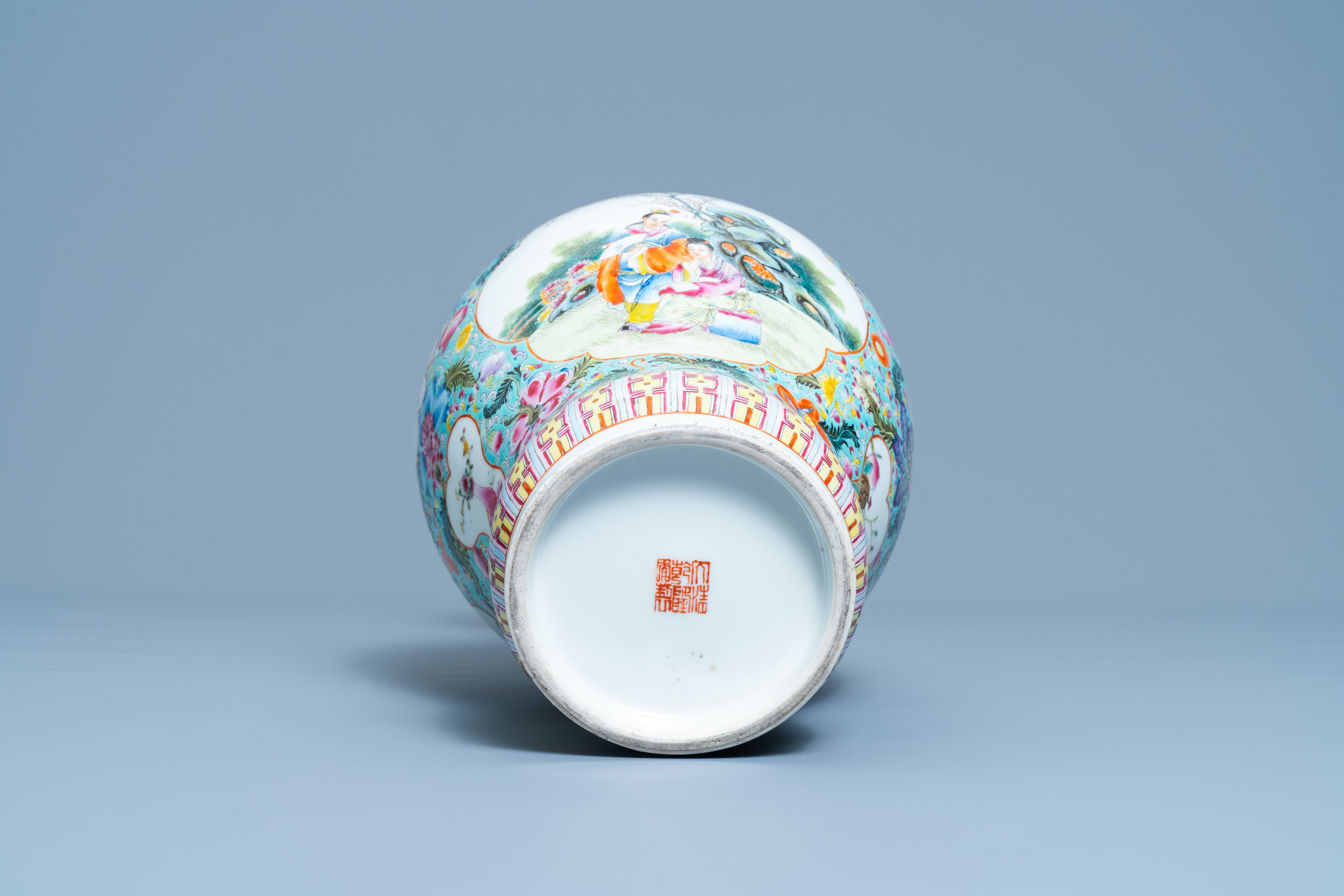 A Chinese famille rose vase with figures in a garden, Qianlong mark, Republic - Image 6 of 6