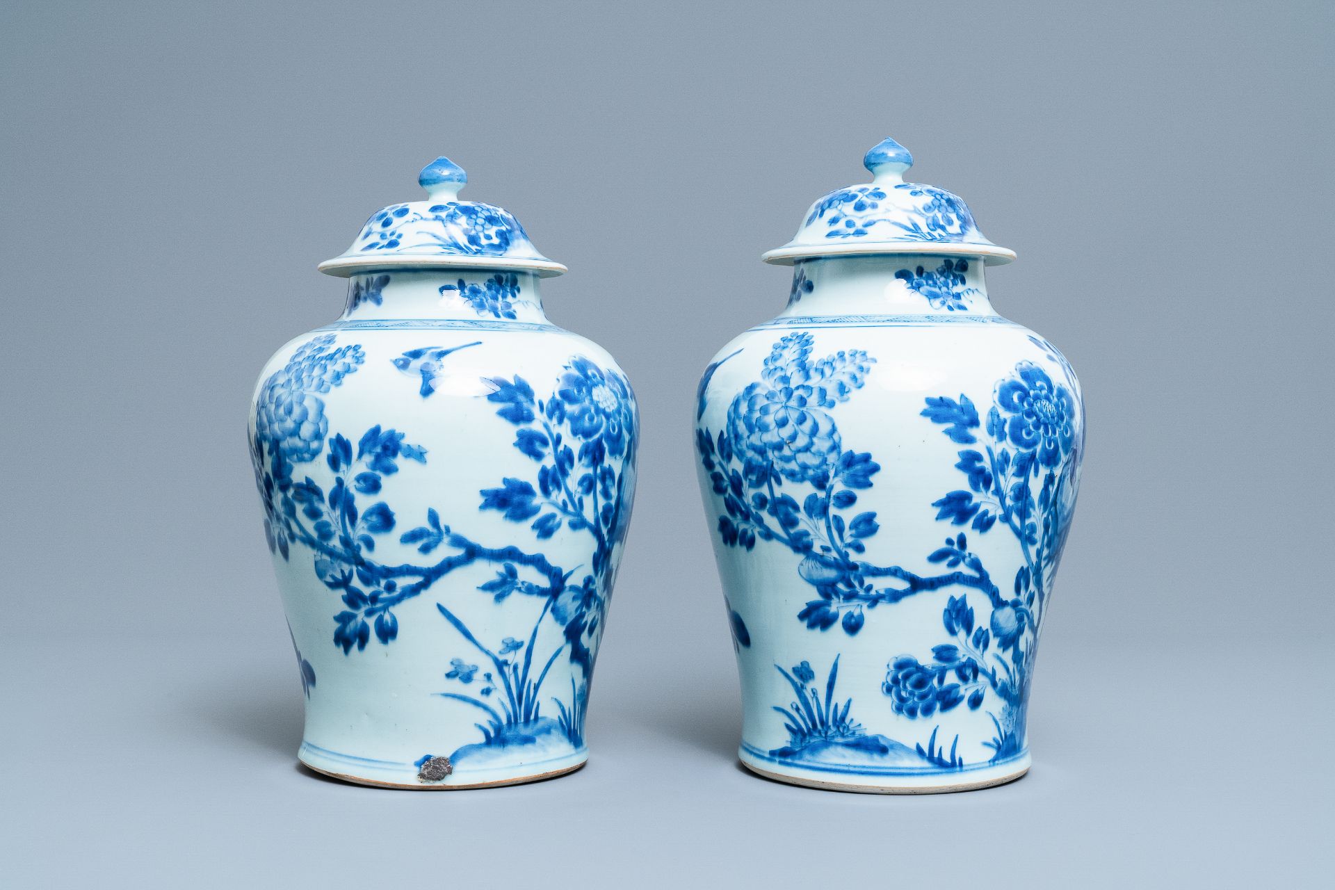 A pair of Chinese blue & white baluster vases & covers with birds, Kangxi - Image 2 of 16