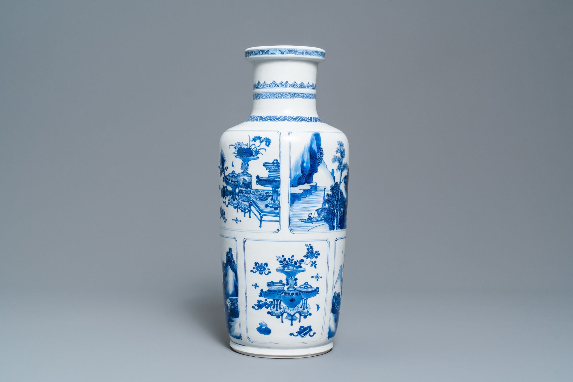 A Chinese blue and white 'antiquities and landscapes' rouleau vase, Kangxi - Image 6 of 35