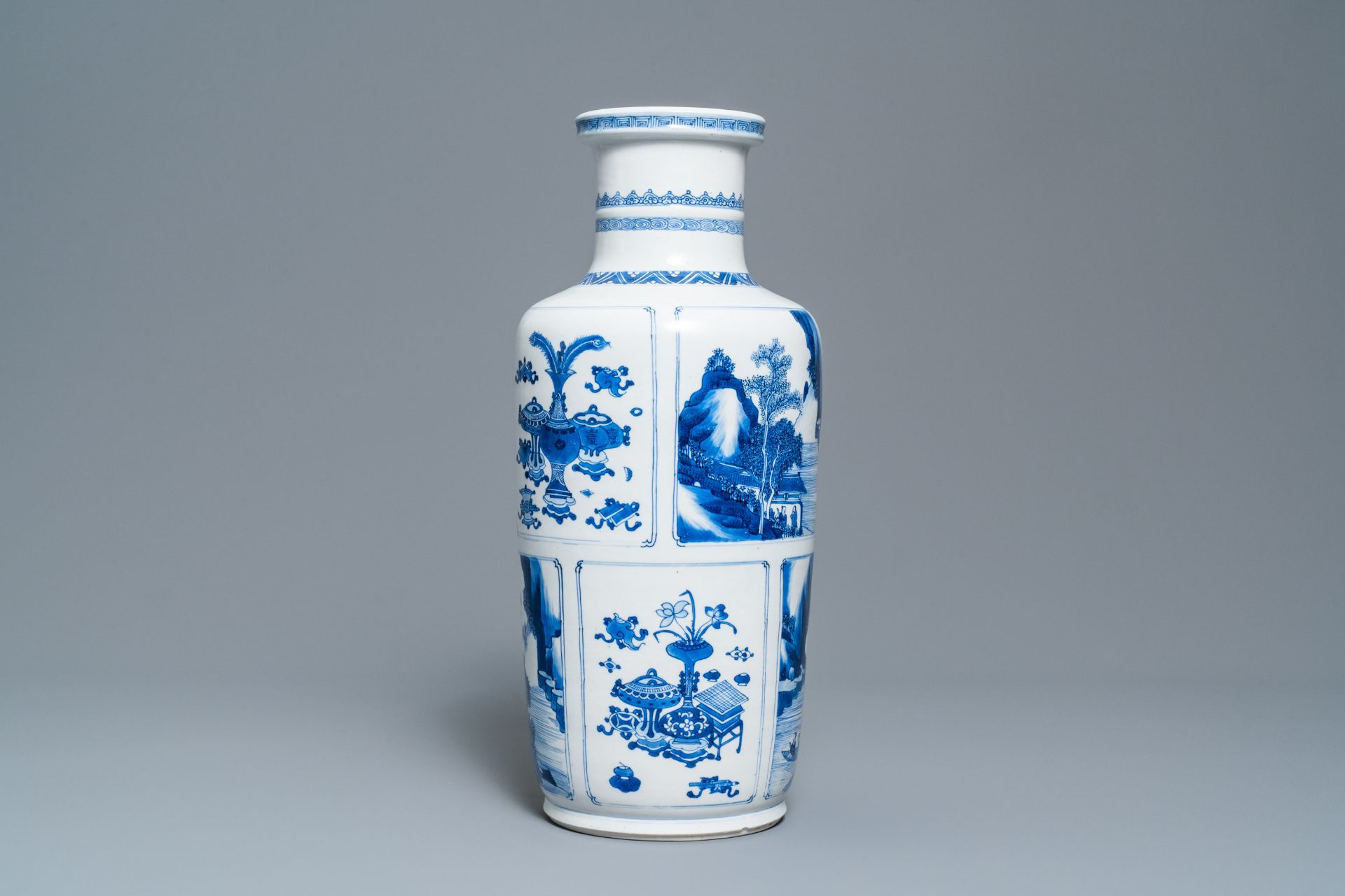 A Chinese blue and white 'antiquities and landscapes' rouleau vase, Kangxi - Image 2 of 35