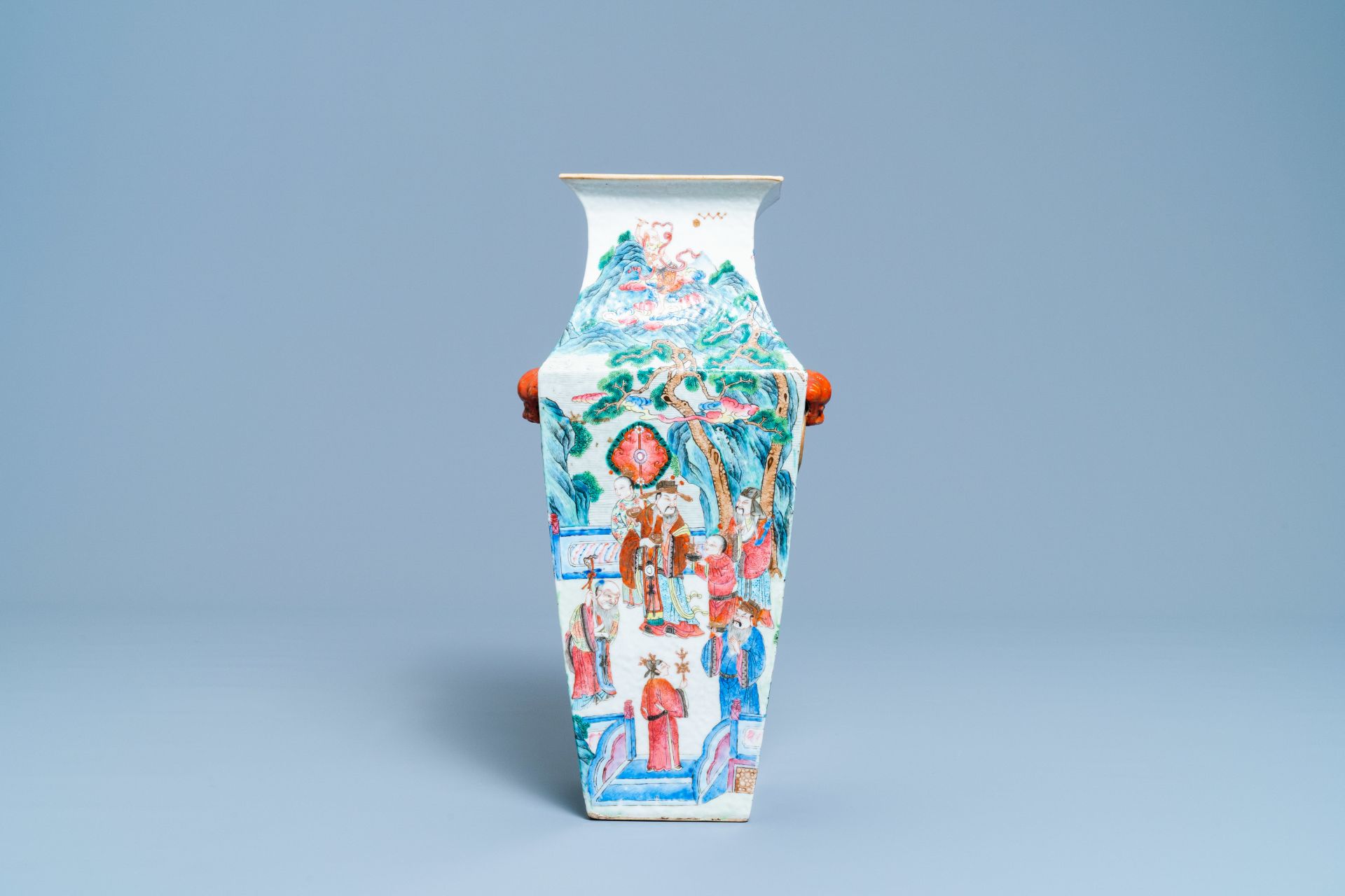 A square Chinese famille rose 'immortals' vase, 19th C. - Image 2 of 7