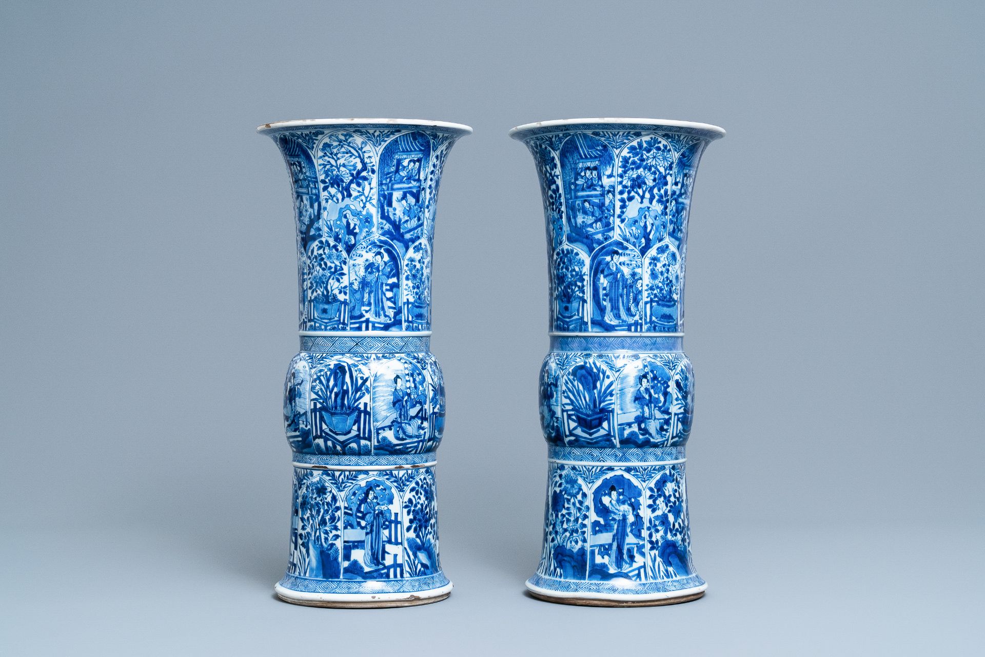 A pair of large Chinese blue and white 'Long Eliza' beaker vases, Kangxi - Image 2 of 36