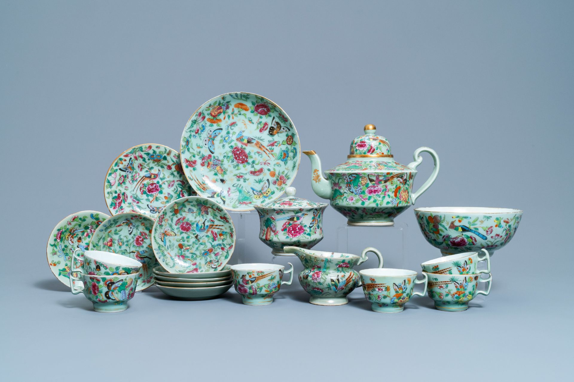 A Chinese Canton famille rose celadon-ground service, 19th C.