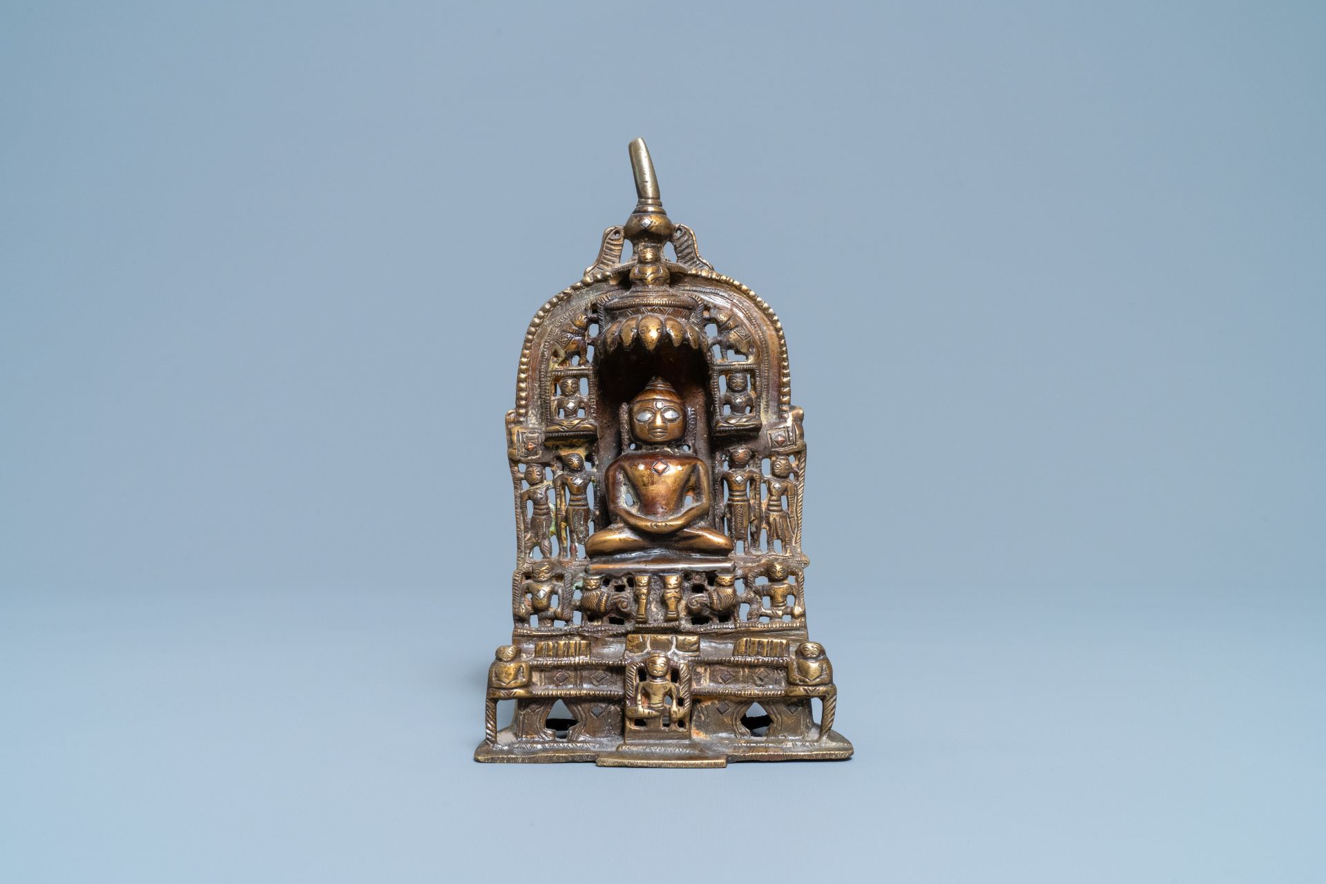 An inscribed silver- and brass-inlaid gilt bronze Jain shrine, India, 18/19th C. - Image 2 of 7