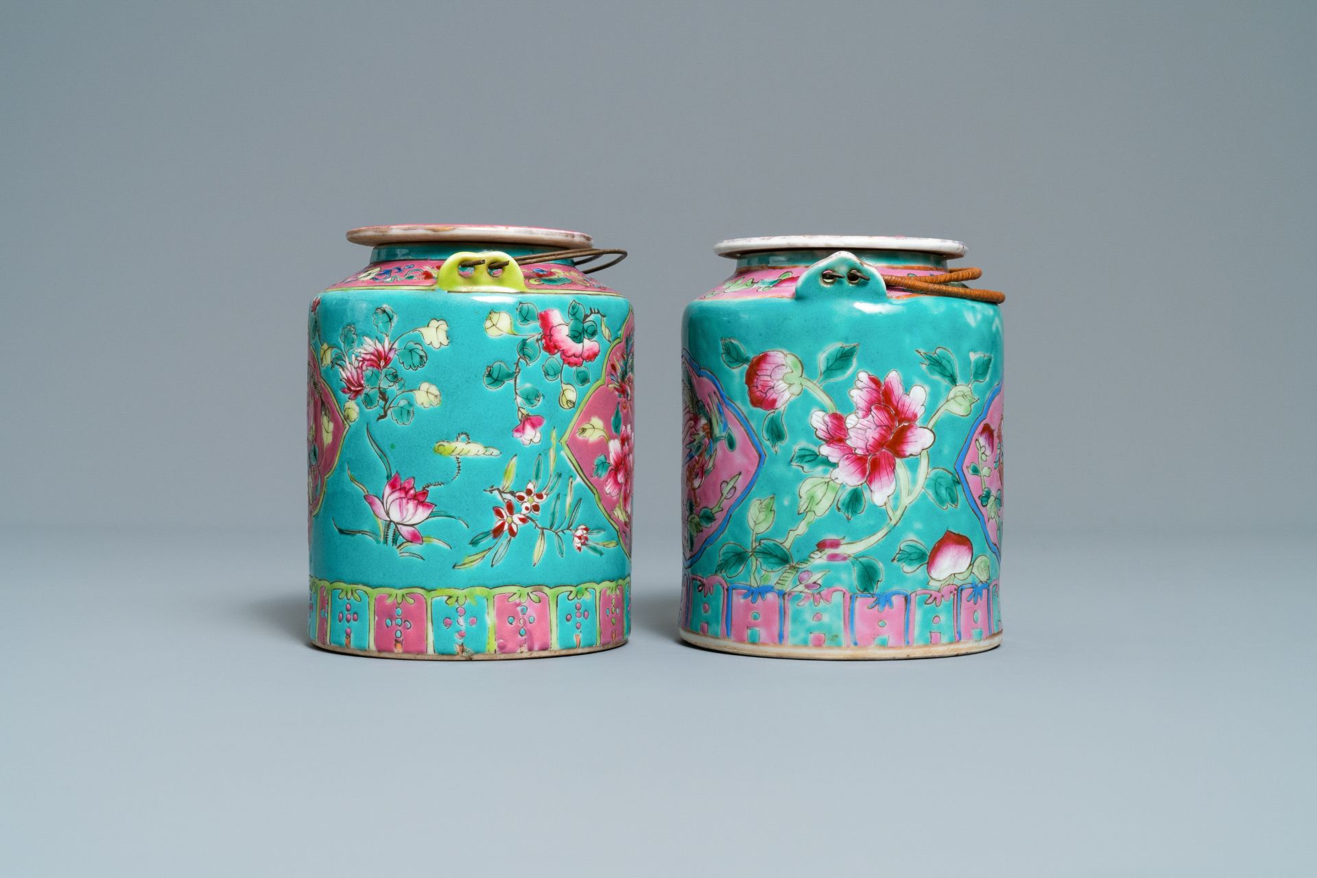 Two large Chinese turquoise-ground famille rose teapots for the Straits or Peranakan market, 19th C. - Image 3 of 10