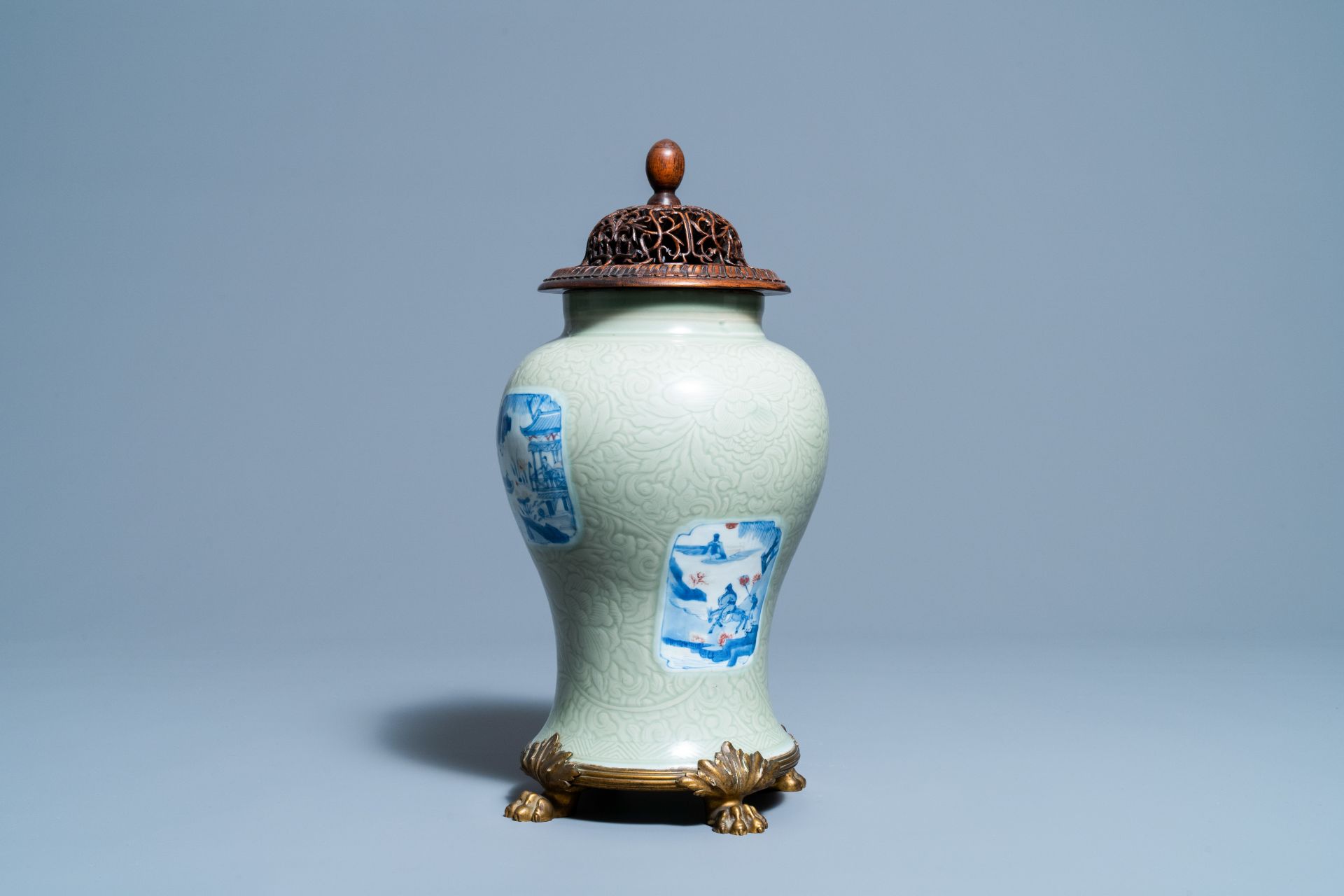 A Chinese incised celadon-glazed vase with blue, white and copper red panels, Kangxi - Image 2 of 14