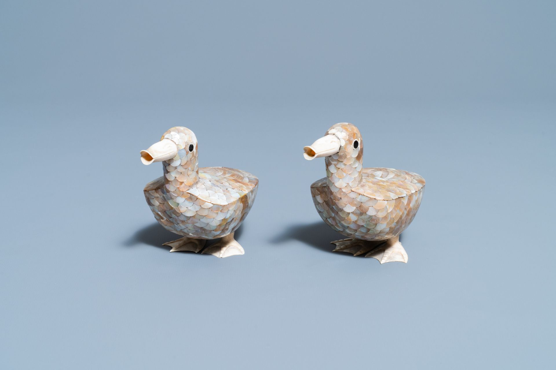 A pair of Chinese bone and mother-of-pearl models of ducks, 19th C. - Image 2 of 8