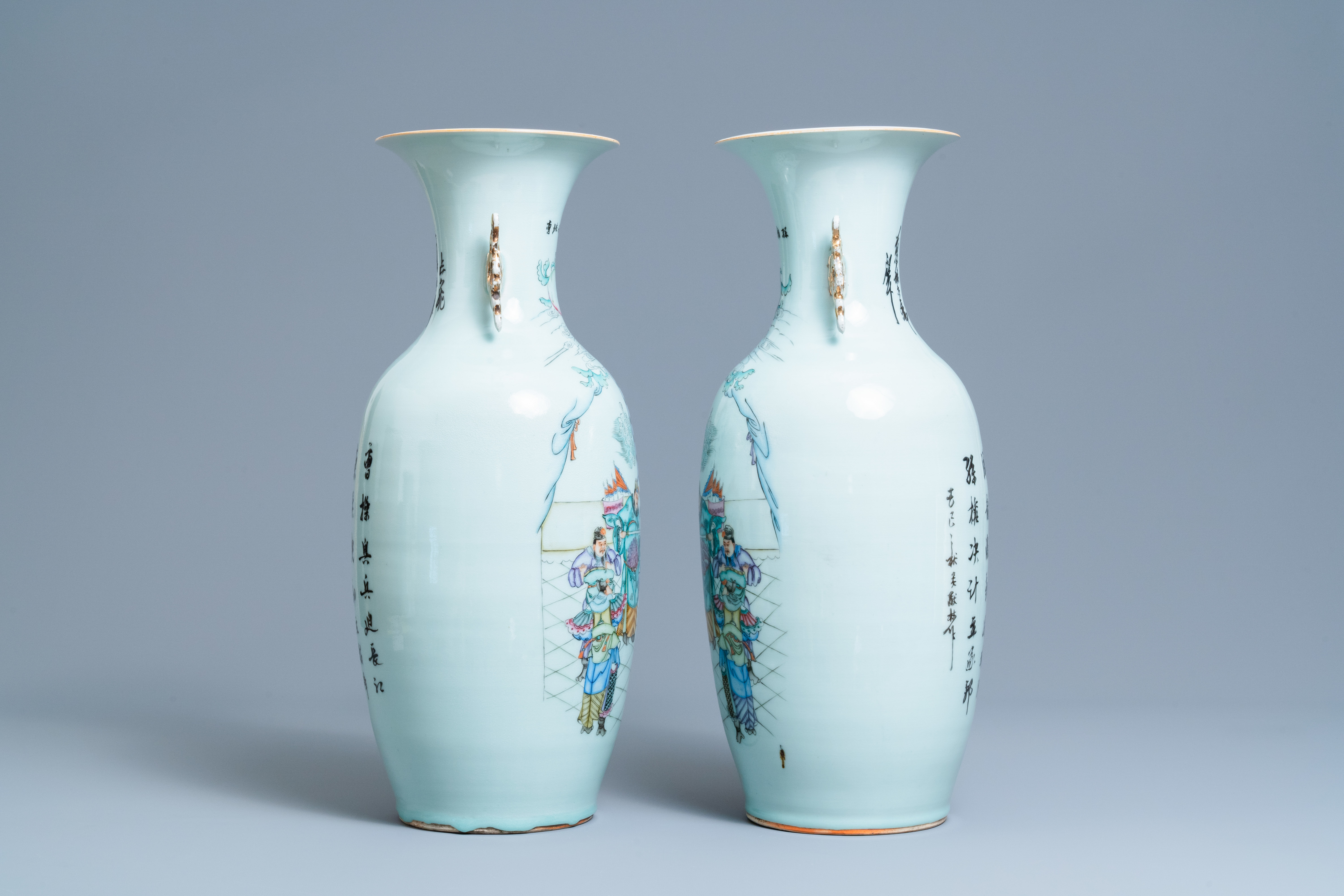 A pair of Chinese famille rose 'court scene' vases, 19/20th C. - Image 4 of 6