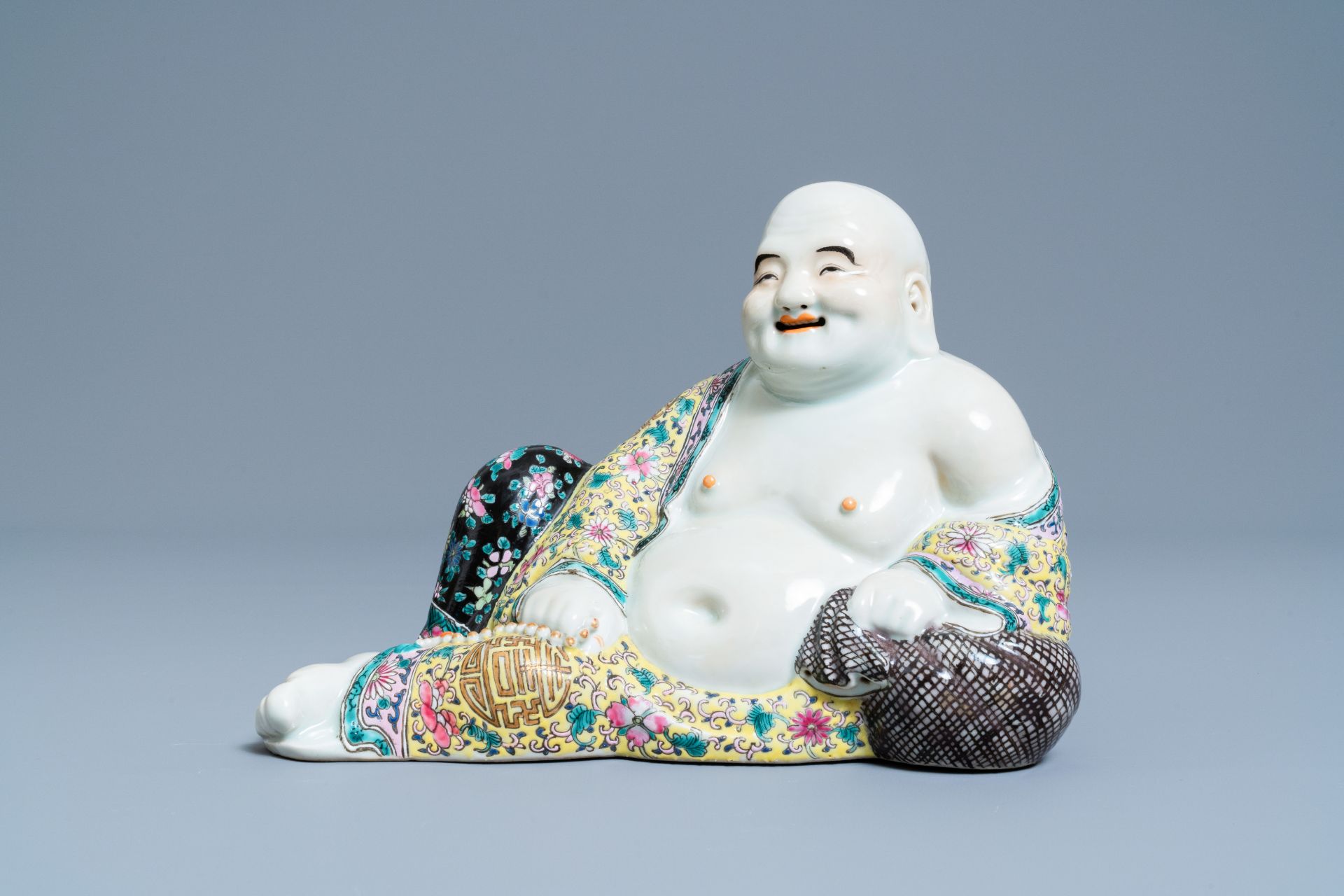 A Chinese famille rose figure of the reclining Buddha, seal mark, Republic - Image 2 of 7