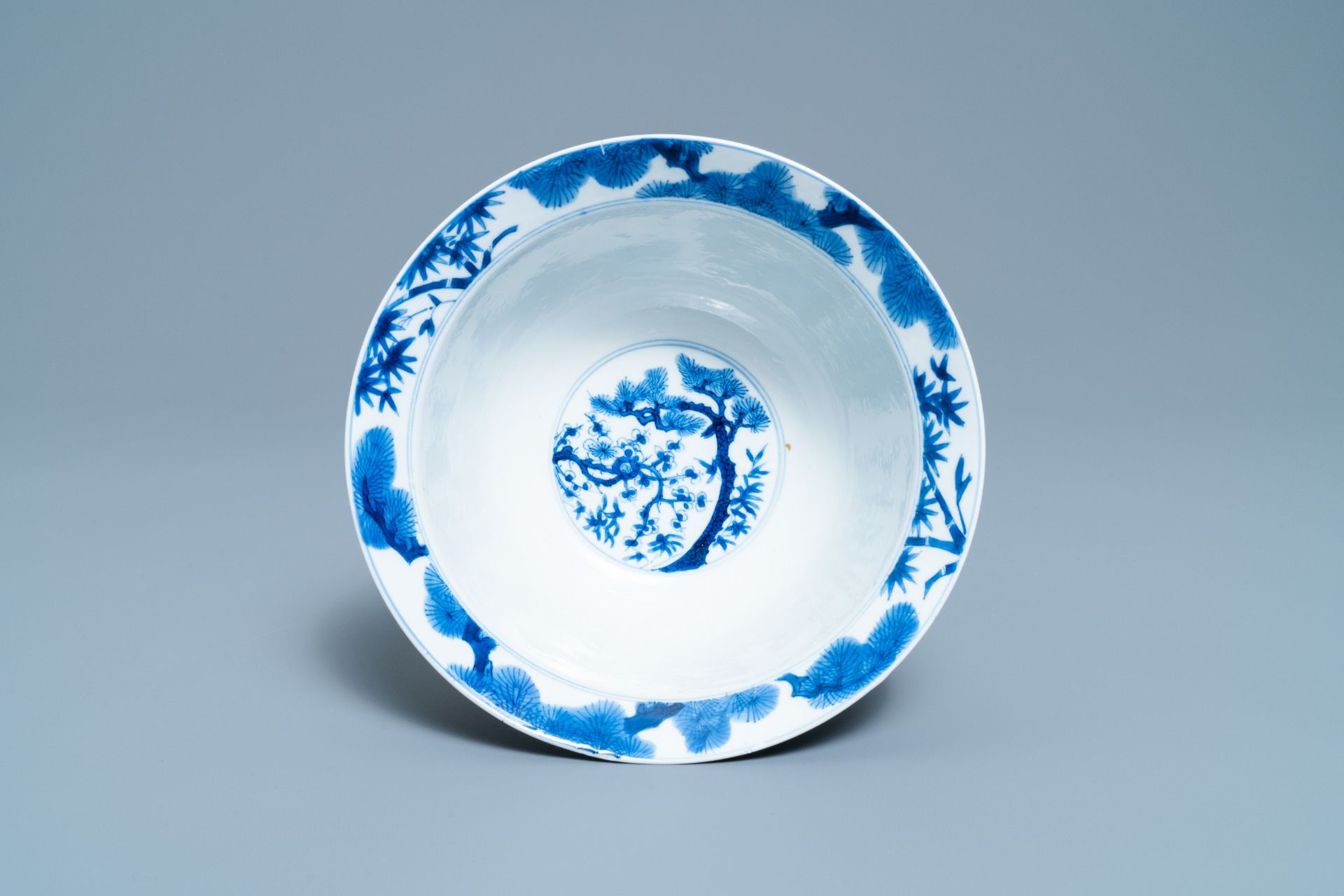 A Chinese blue and white 'Three friends of winter' bowl, Kangxi mark & period - Image 5 of 6