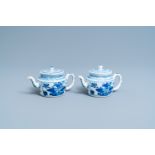 A pair of Chinese blue and white 'antiquities' teapots, Kangxi