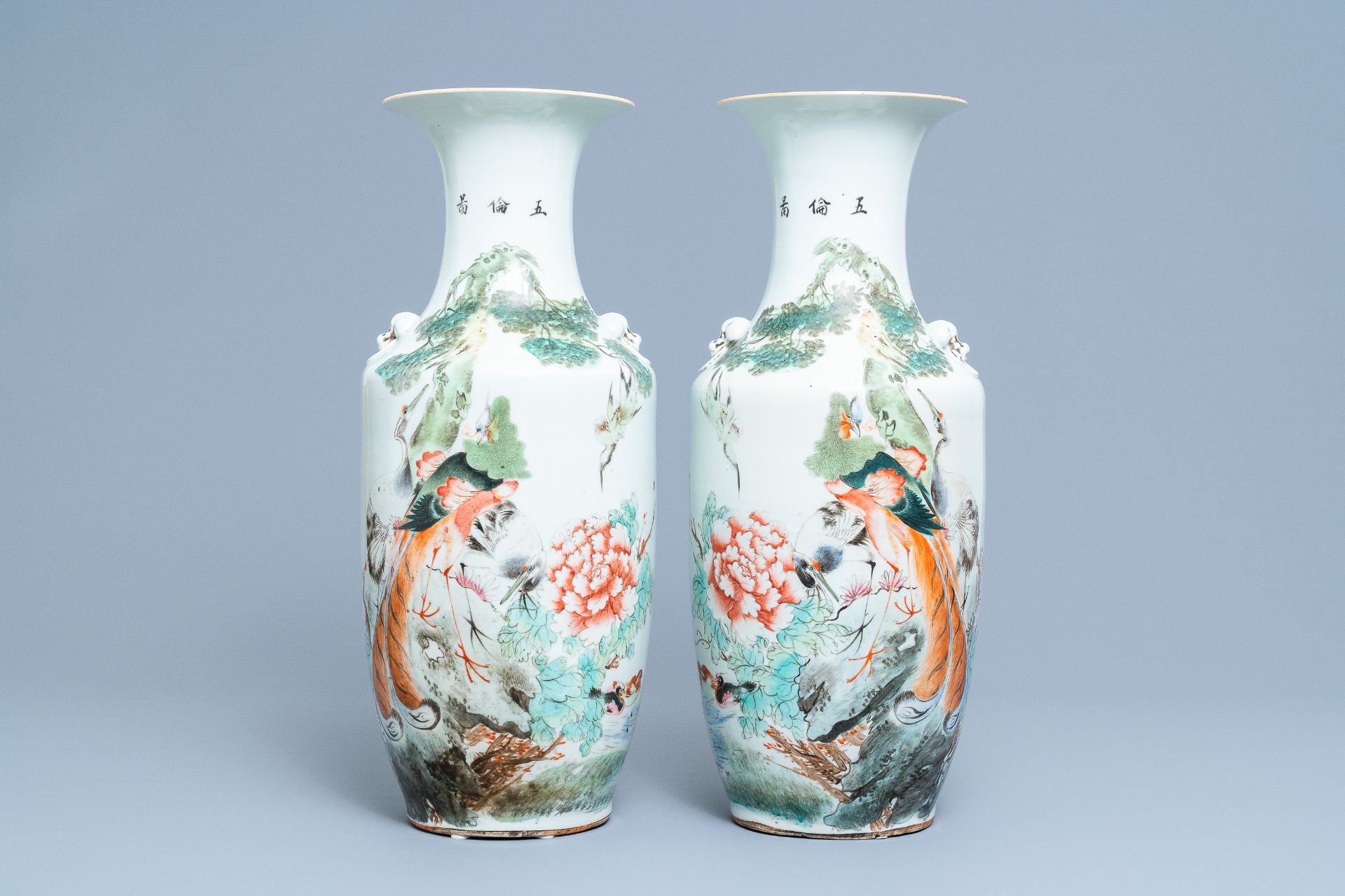 Two pairs of Chinese qianjiang cai vases with birds, 19/20th C. - Image 8 of 13