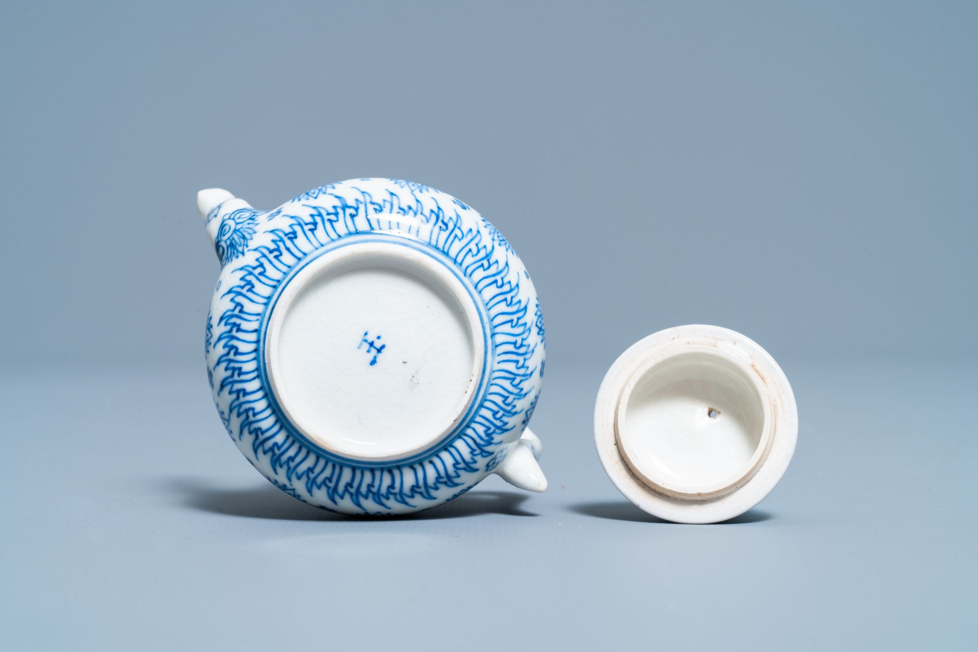 A Chinese blue and white soft paste miniature teapot, Kangxi - Image 6 of 7