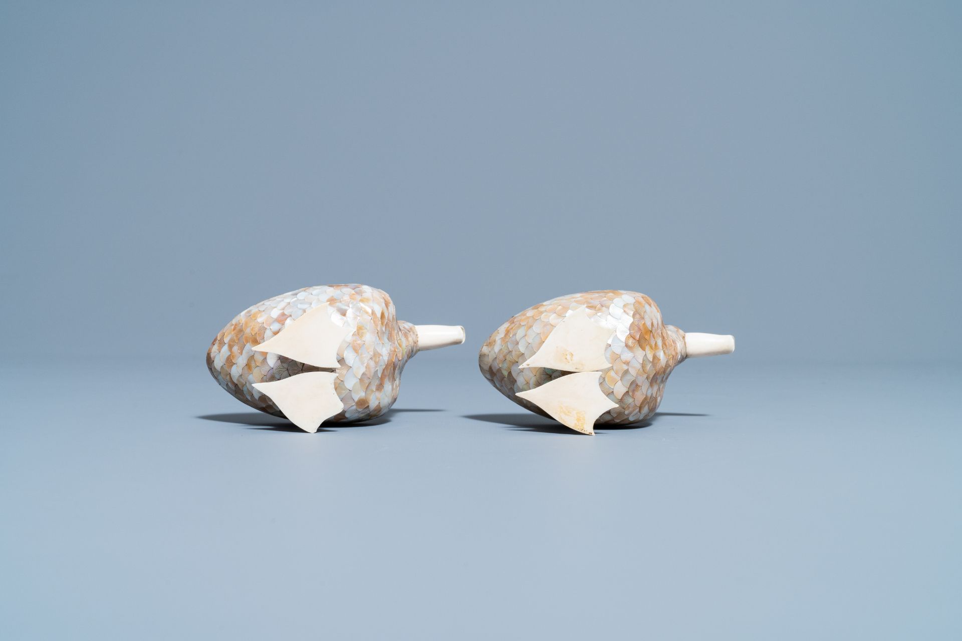 A pair of Chinese bone and mother-of-pearl models of ducks, 19th C. - Image 8 of 8