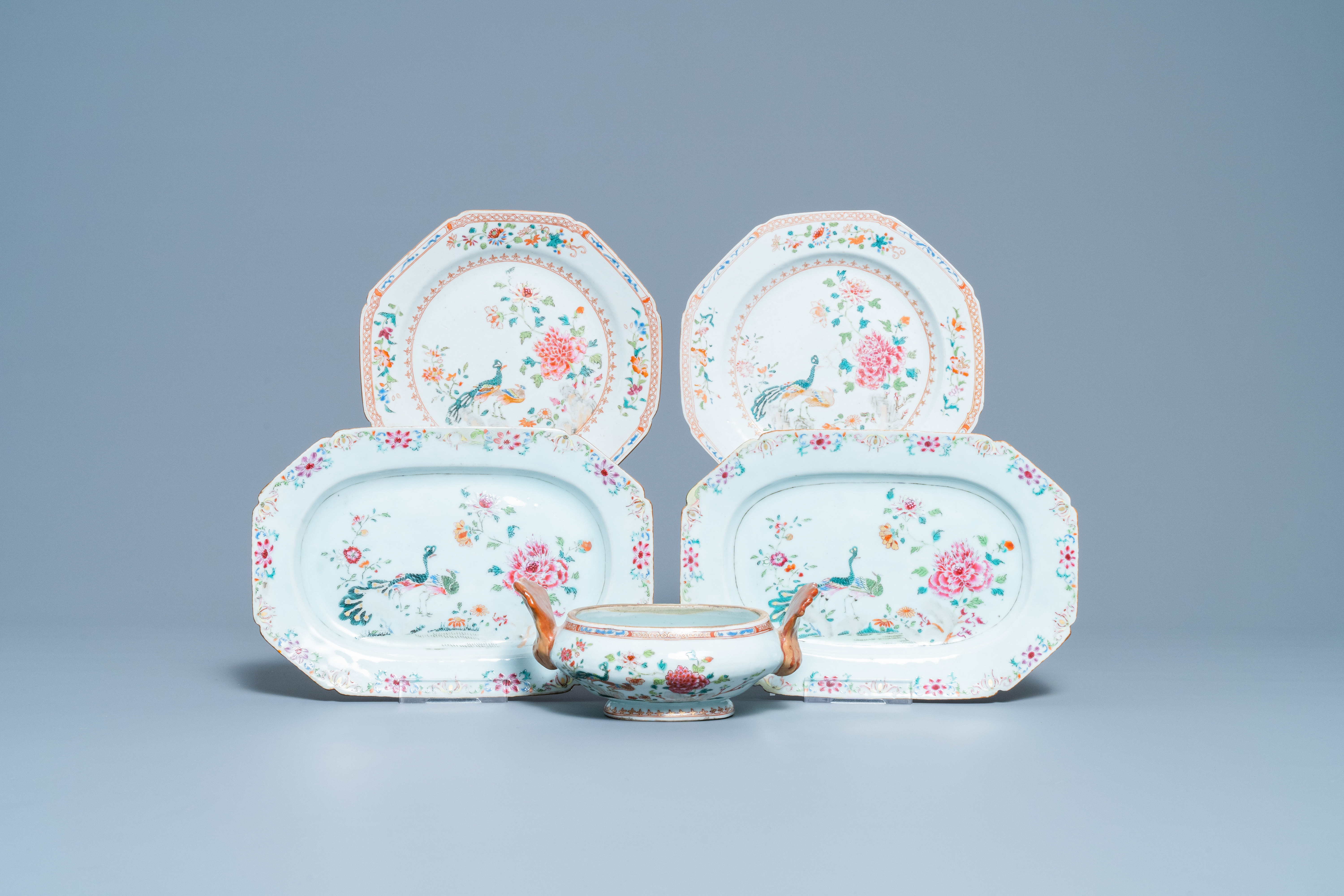 Five Chinese famille rose 'double peacock' porcelain wares, Qianlong