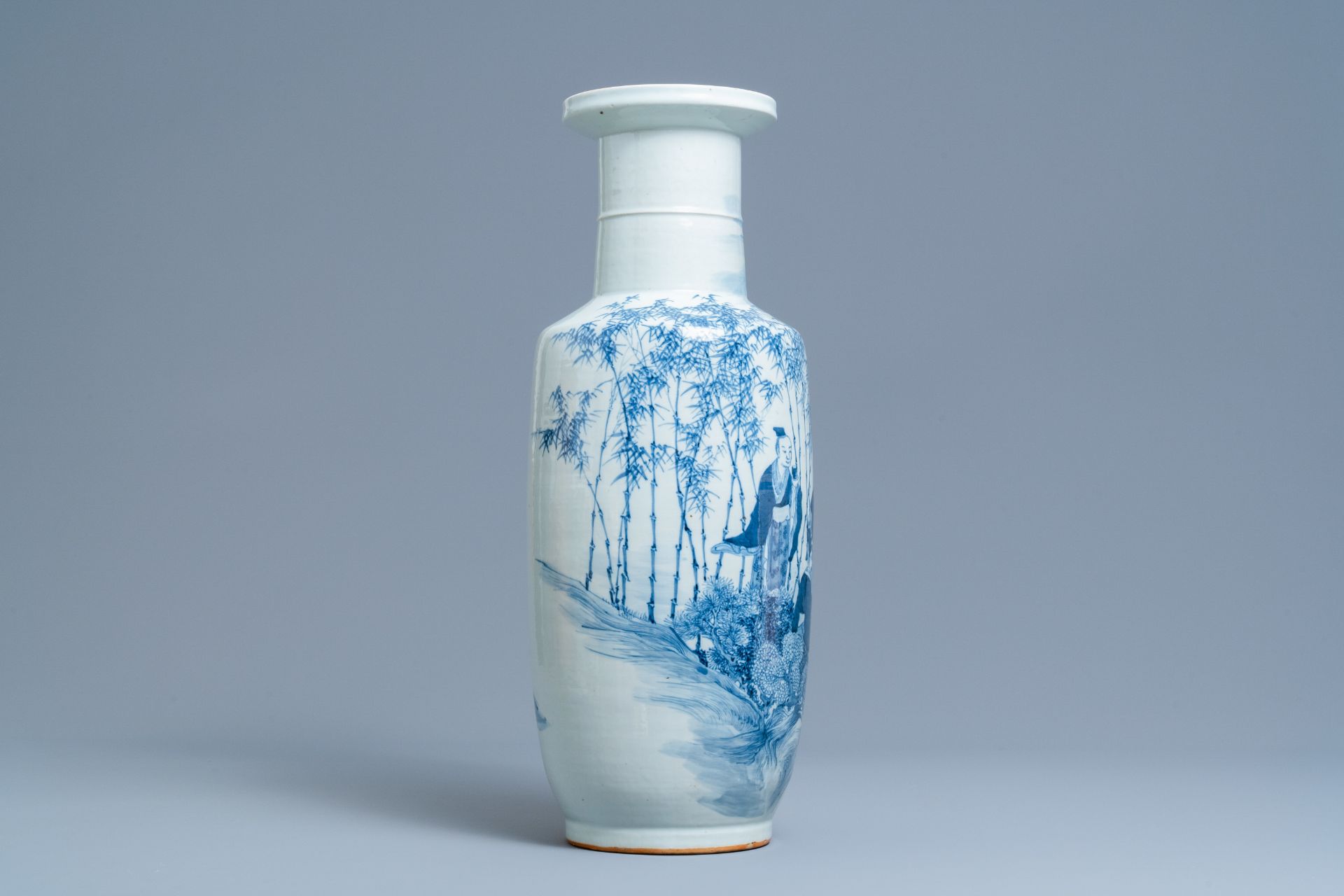 A Chinese blue and white 'Seven Sages of the Bamboo Grove' rouleau vase, 19th C. - Image 2 of 6