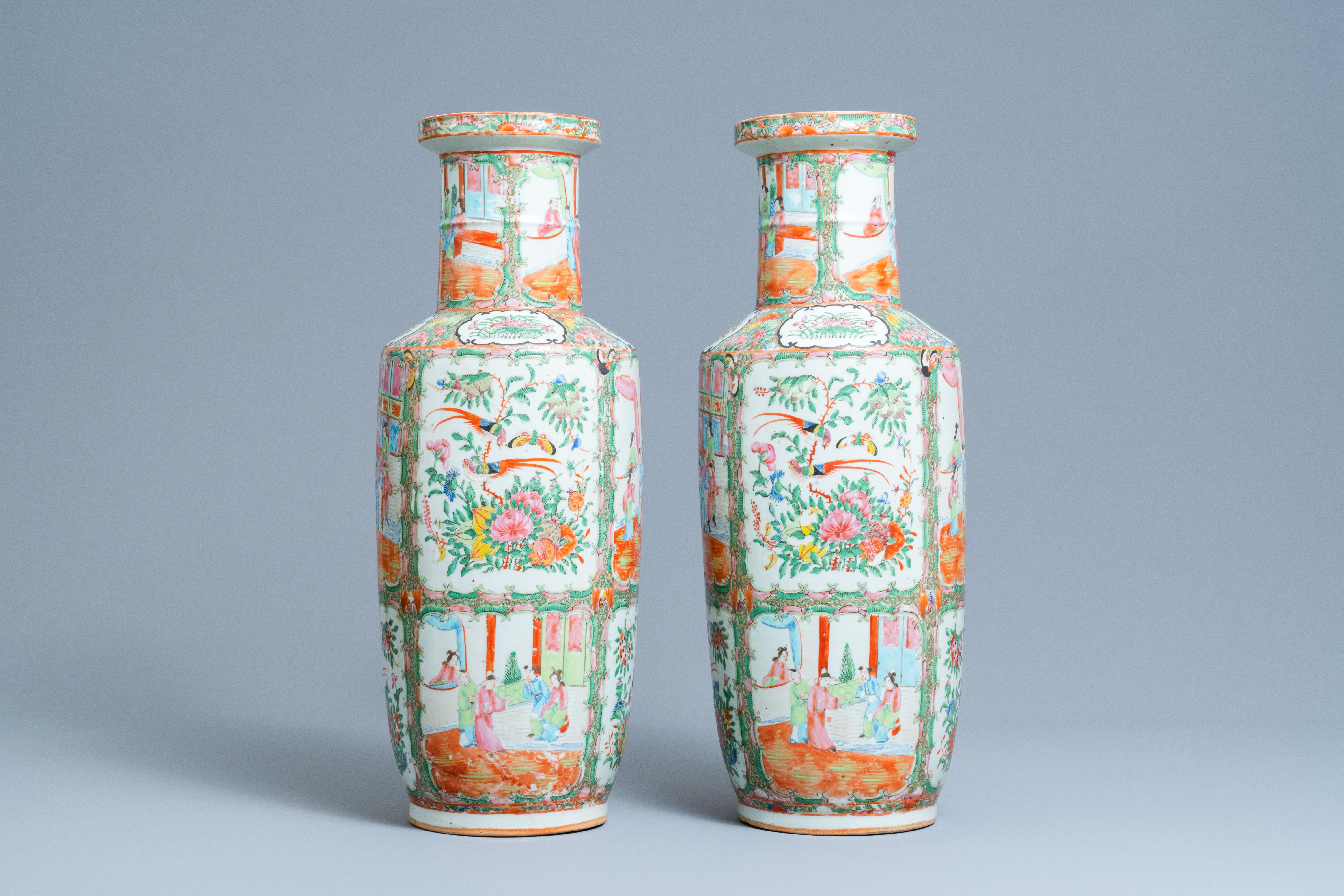 A pair of Chinese Canton famille rose rouleau vases, 19th C. - Image 2 of 6