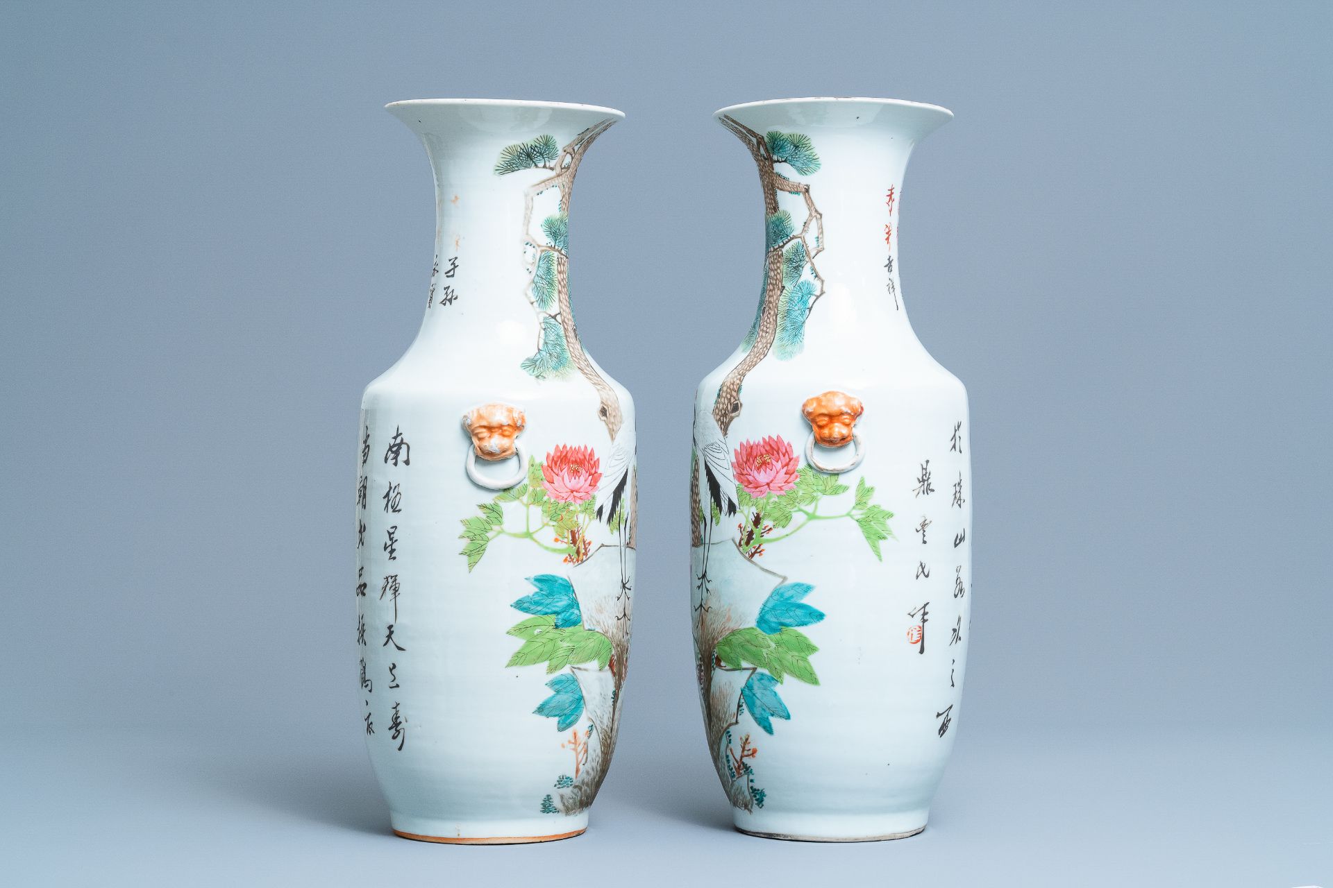 Two pairs of Chinese qianjiang cai vases with birds, 19/20th C. - Image 5 of 13