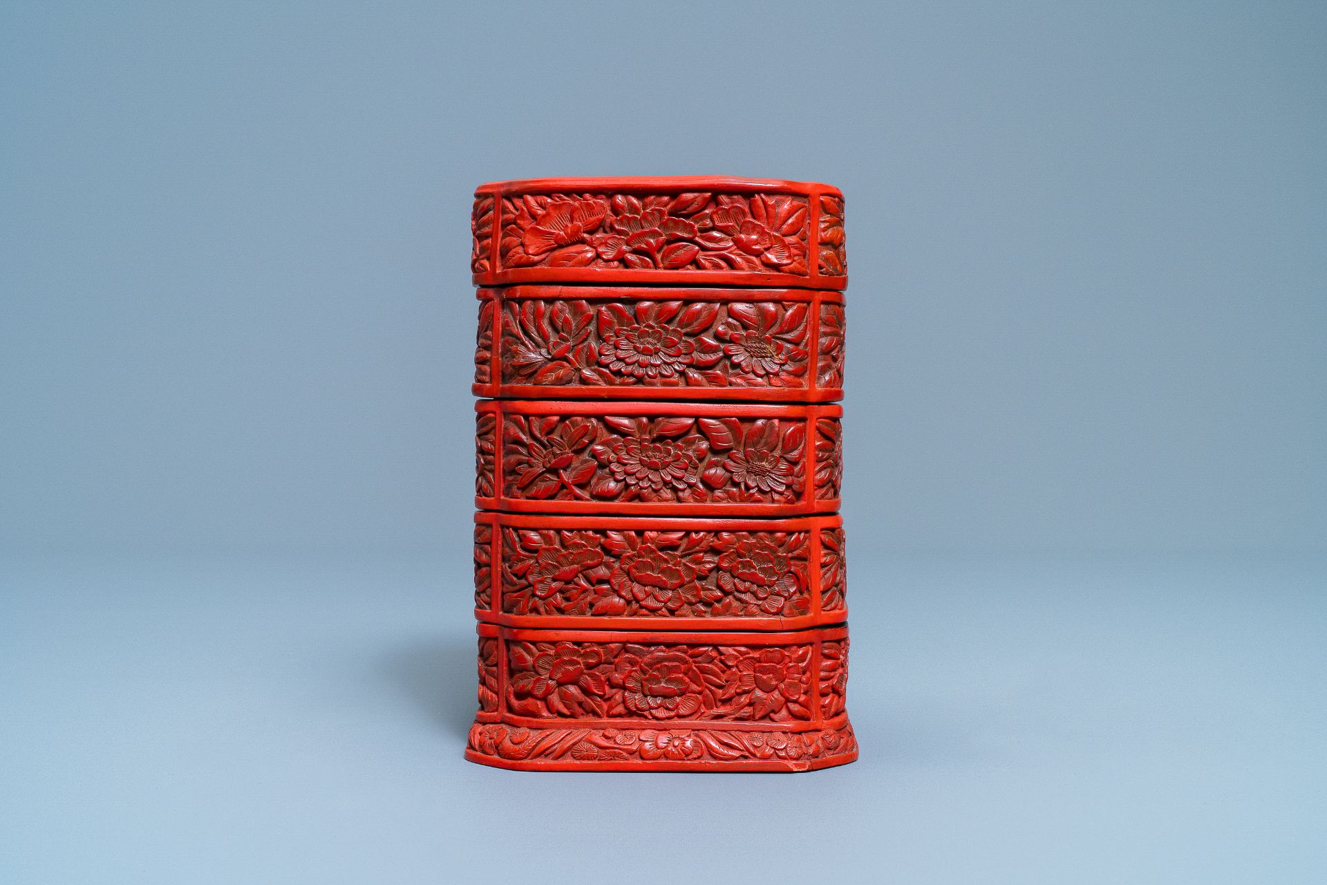 A Chinese red cinnabar lacquer four-tiered box, Wanli - Image 10 of 15