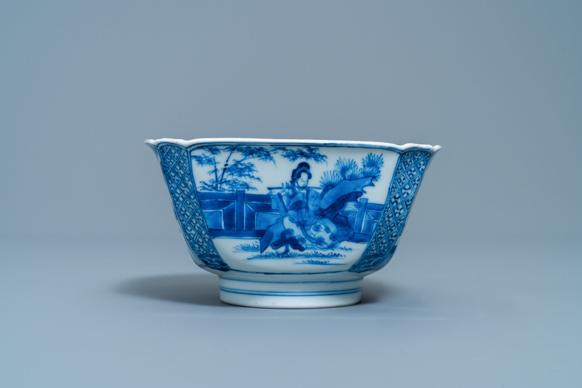 A Chinese blue and white bowl with a lady with cat, Kangxi mark and of the period - Image 2 of 15