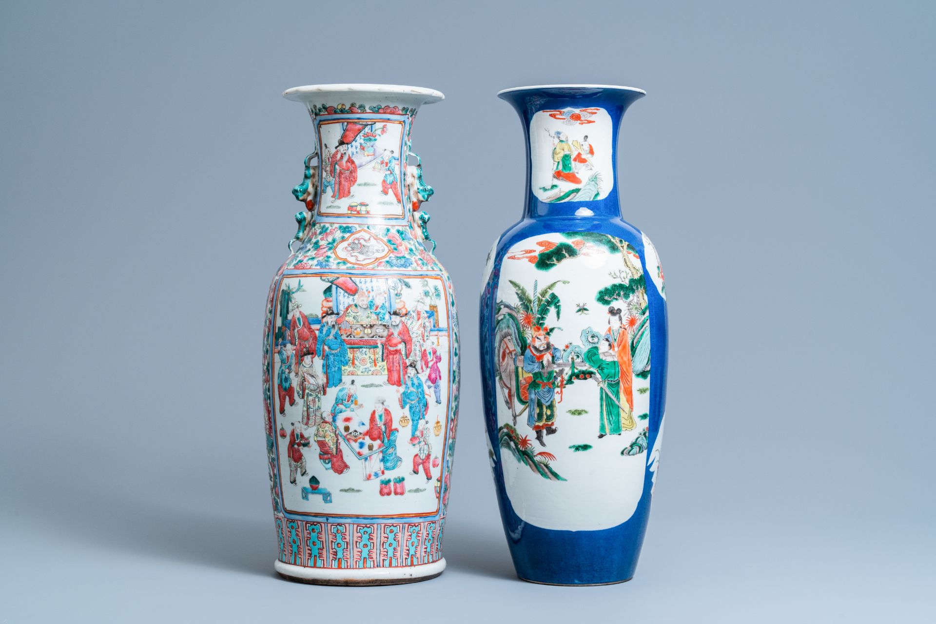 A Chinese famille rose vase and a famille verte powder blue-ground vase, 19th C. - Image 3 of 6