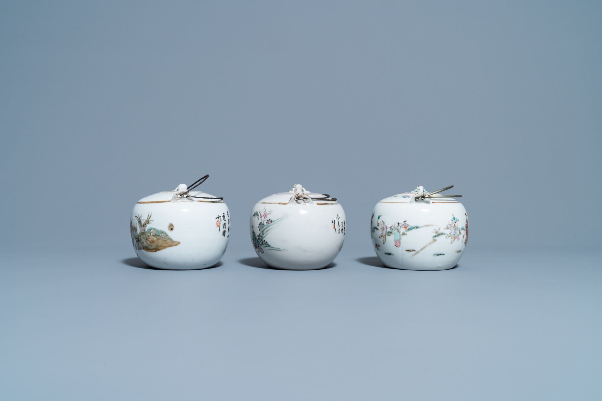 Four Chinese famille rose teapots, three bowls and a caddy, 19/20th C. - Image 4 of 20