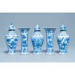 A Chinese blue and white garniture of five vases, Kangxi