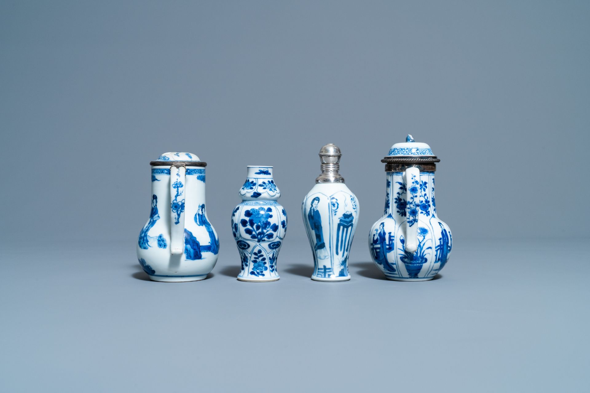 Two Chinese blue and white ewers and covers and two small vases, Kangxi - Image 3 of 8