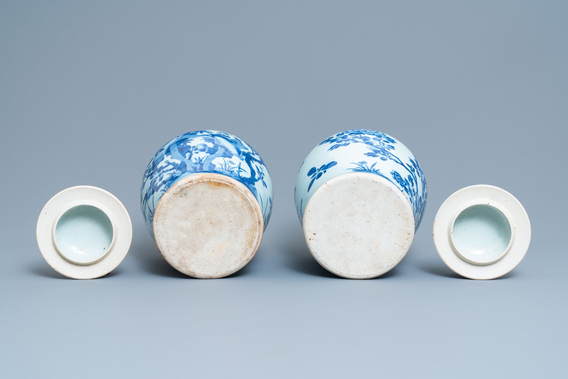 A pair of Chinese blue & white baluster vases & covers with birds, Kangxi - Image 6 of 16