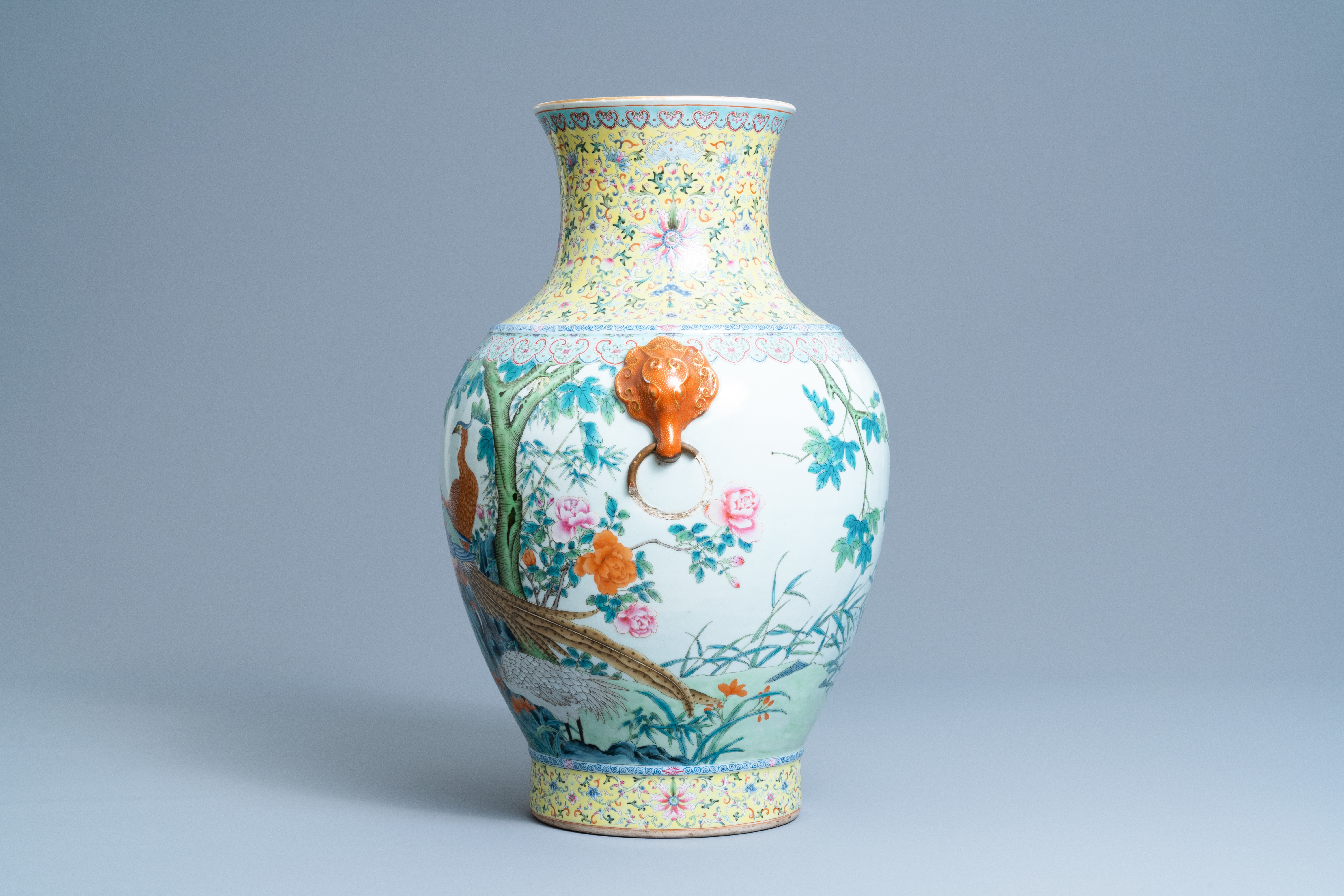 A large Chinese famille rose 'hu' vase with birds, Qianlong mark, Republic - Image 4 of 7