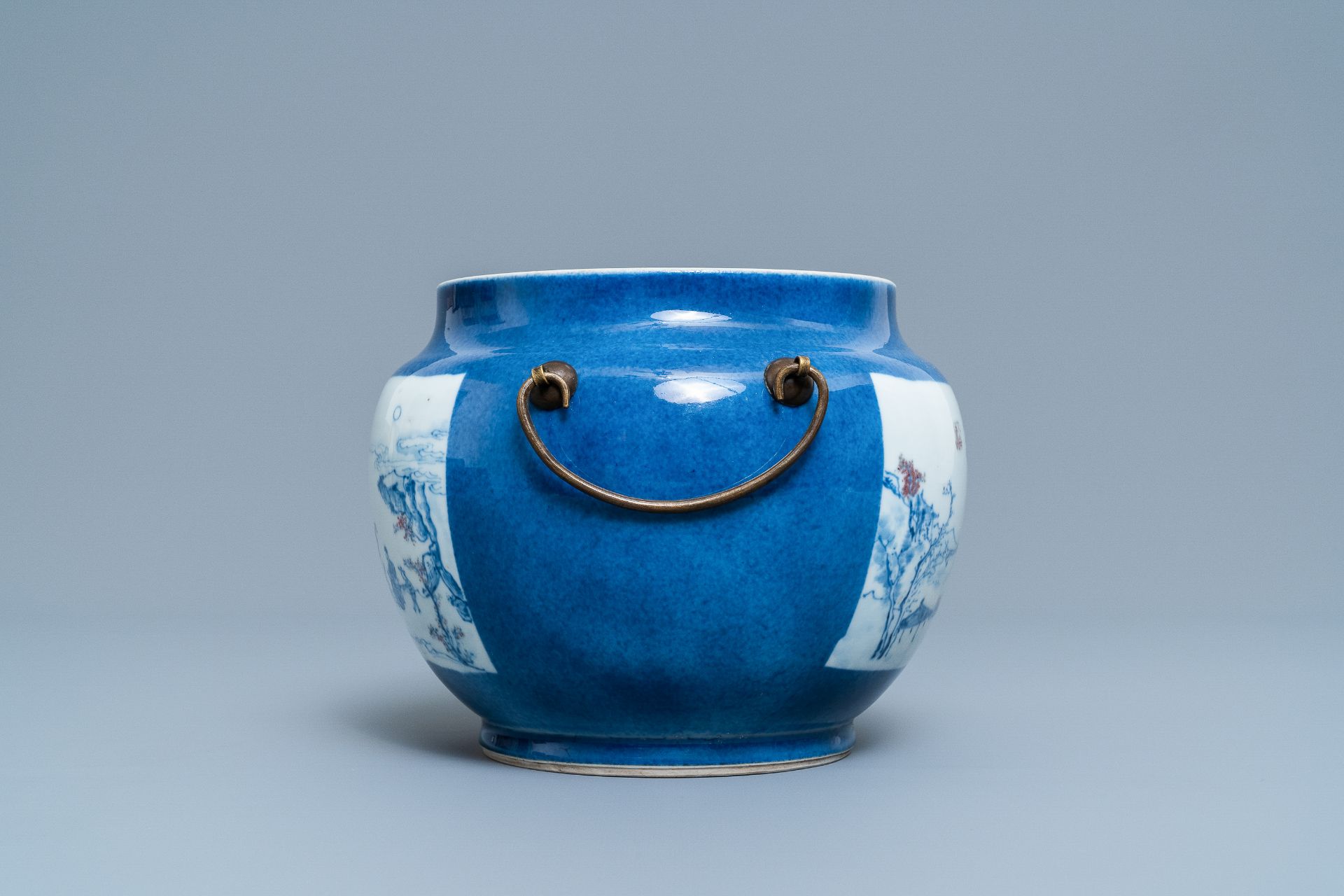 A Chinese blue, white and copper red powder blue-ground bowl, Jiajing mark, Kangxi - Image 4 of 17