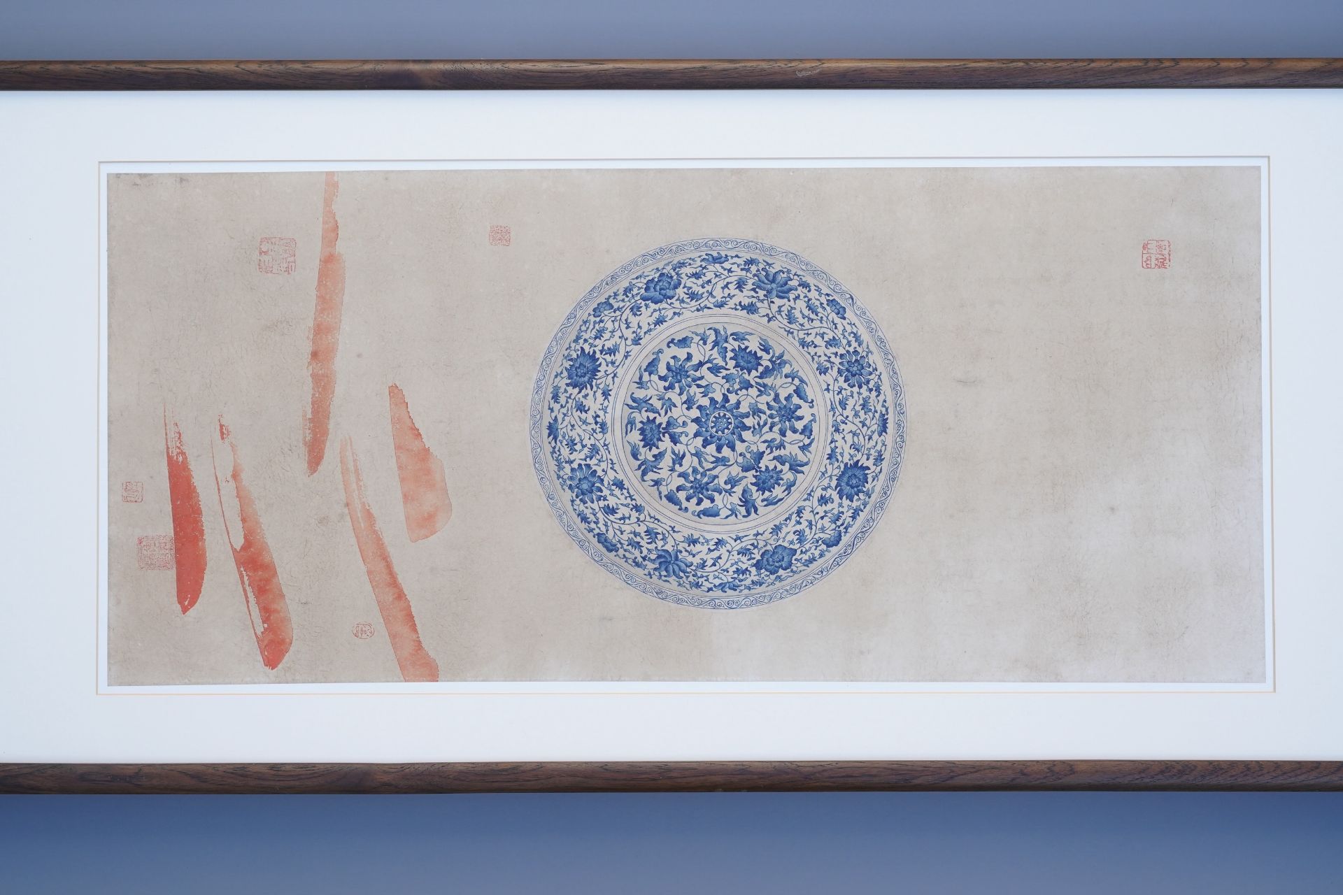 Chinese school, colour on paper, 19th C.: 'A blue and white porcelain Yuan period dish' - Image 20 of 32