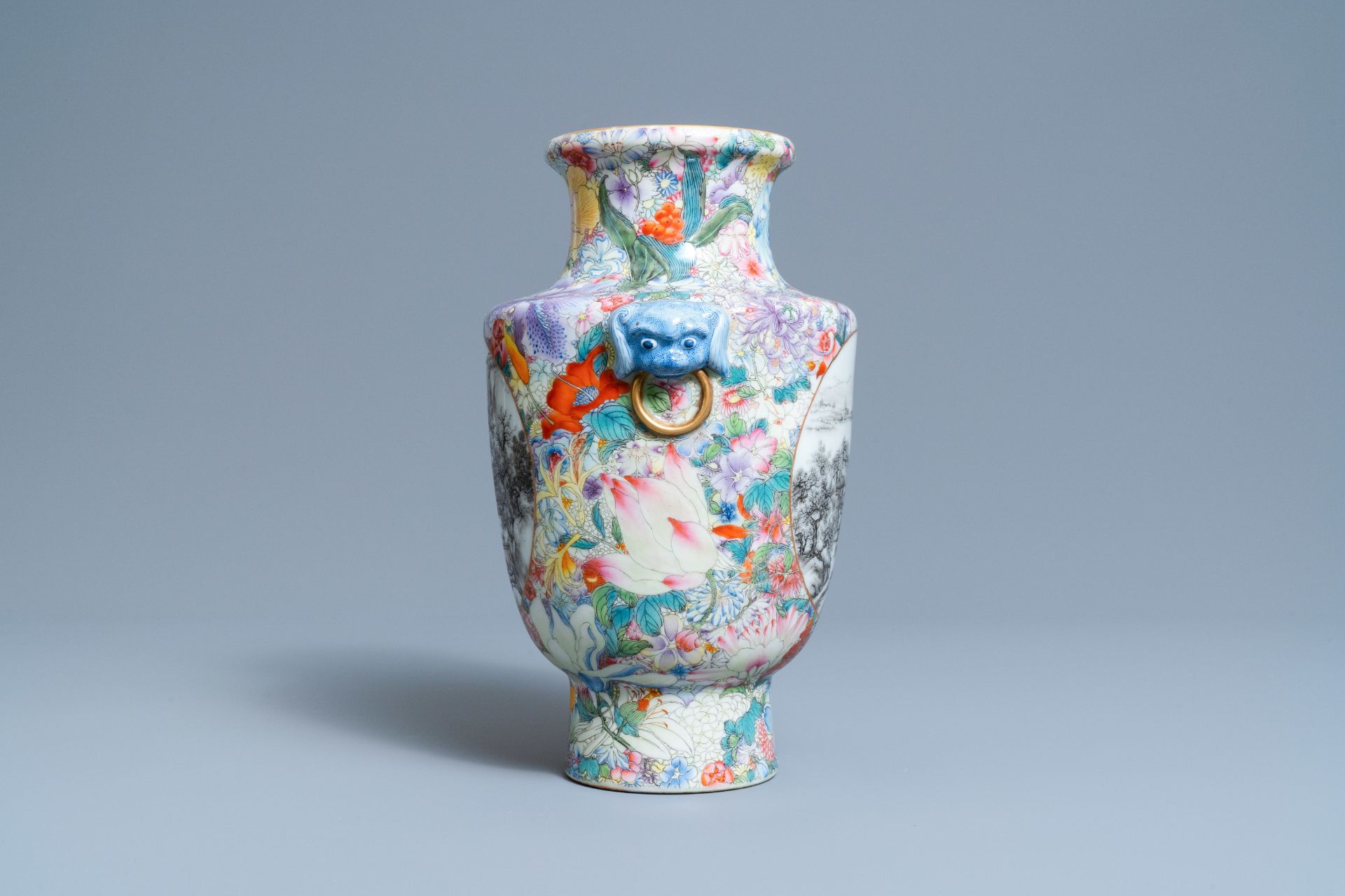 A Chinese famille rose millefleurs vase with grisaille landscape panels, Qianlong mark, Republic - Image 4 of 6