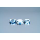 Two Chinese blue and white pounce pots and a bowl, Kangxi