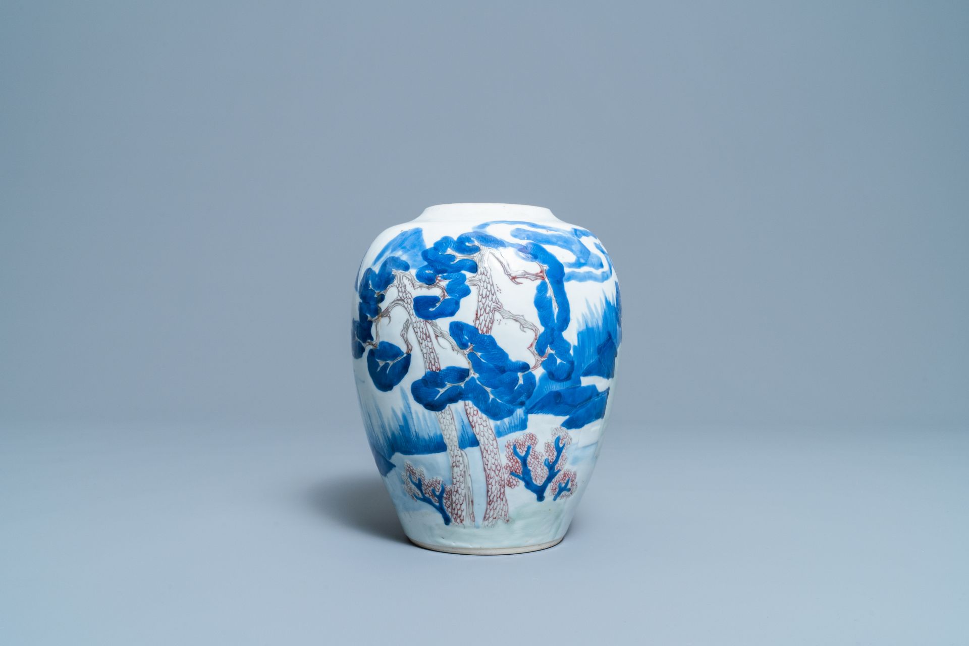 A Chinese blue, white, celadon and copper red vase with a landscape, Kangxi - Image 2 of 7