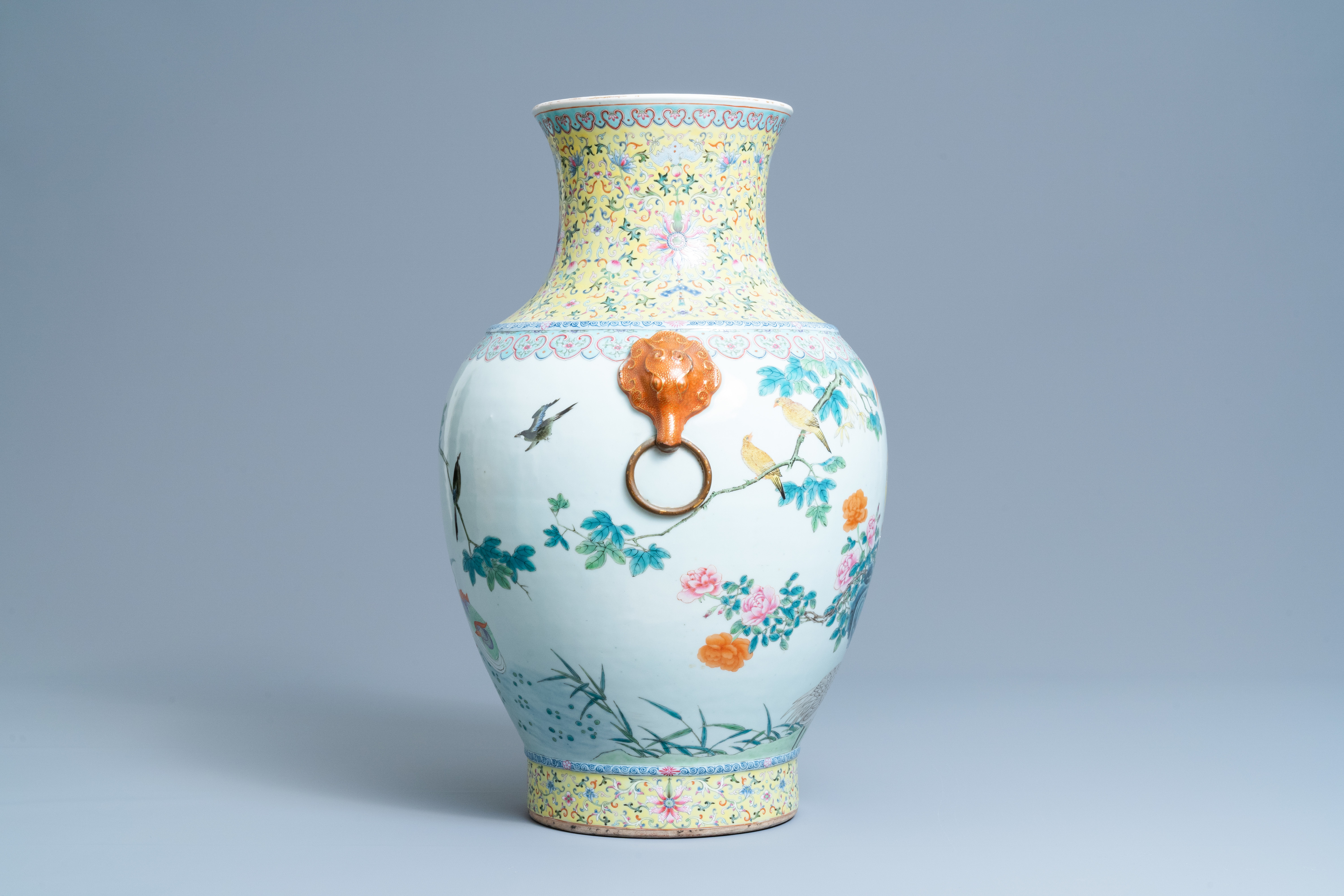 A large Chinese famille rose 'hu' vase with birds, Qianlong mark, Republic - Image 2 of 7