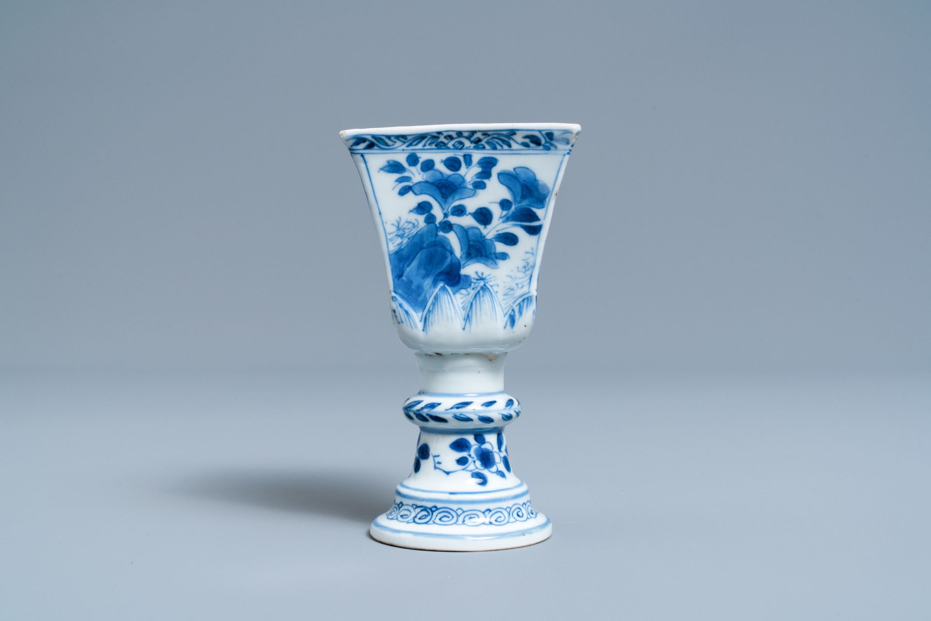 A rare Chinese blue and white tapered square quadrangular stem cup, Kangxi - Image 2 of 7