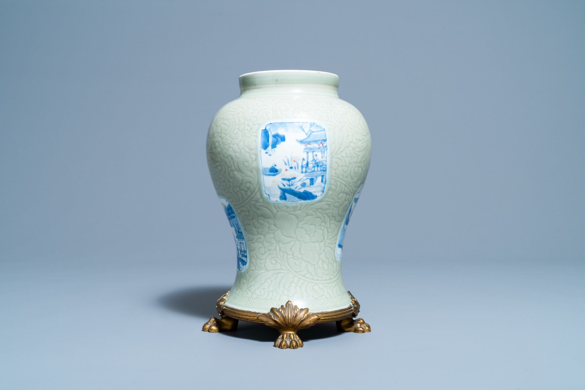 A Chinese incised celadon-glazed vase with blue, white and copper red panels, Kangxi - Image 6 of 14