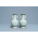 A pair of Chinese monochrome celadon crackle-glazed vases, 19th C.