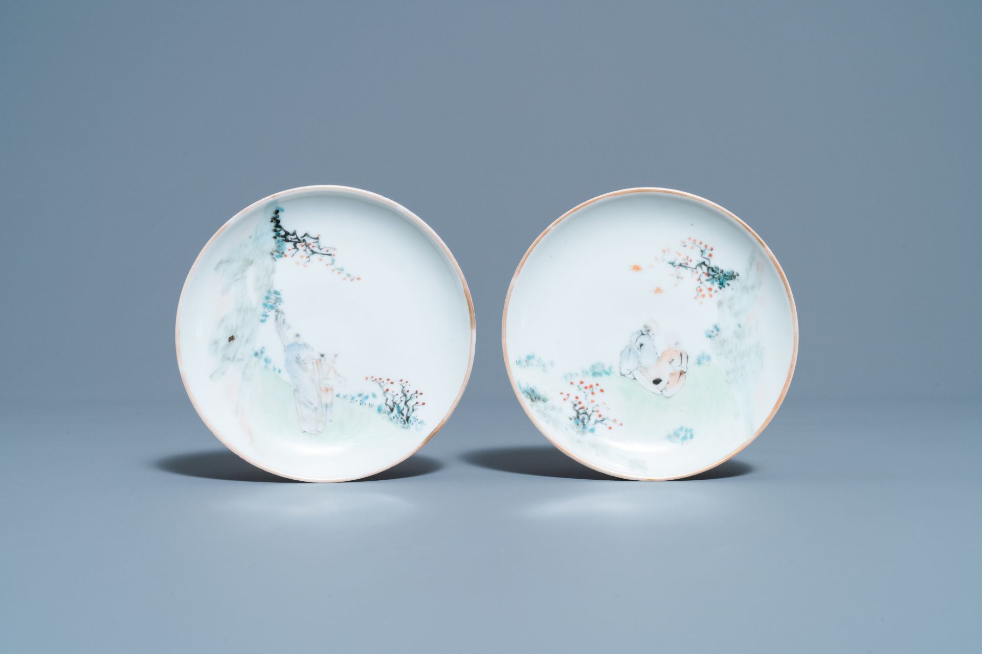 A Chinese qianjiang cai teapot and two cups and saucers, 19/20th C. - Image 2 of 9