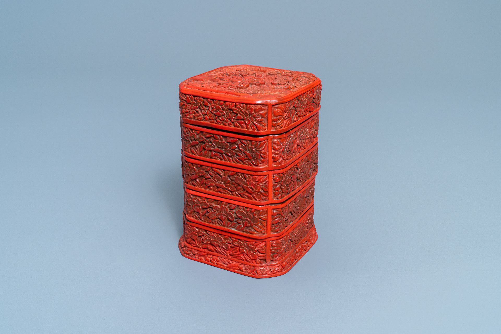 A Chinese red cinnabar lacquer four-tiered box, Wanli - Image 5 of 15