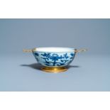 A Chinese blue and white Augsburg gilt-mounted bowl, ex- coll. August the Strong, Kangxi