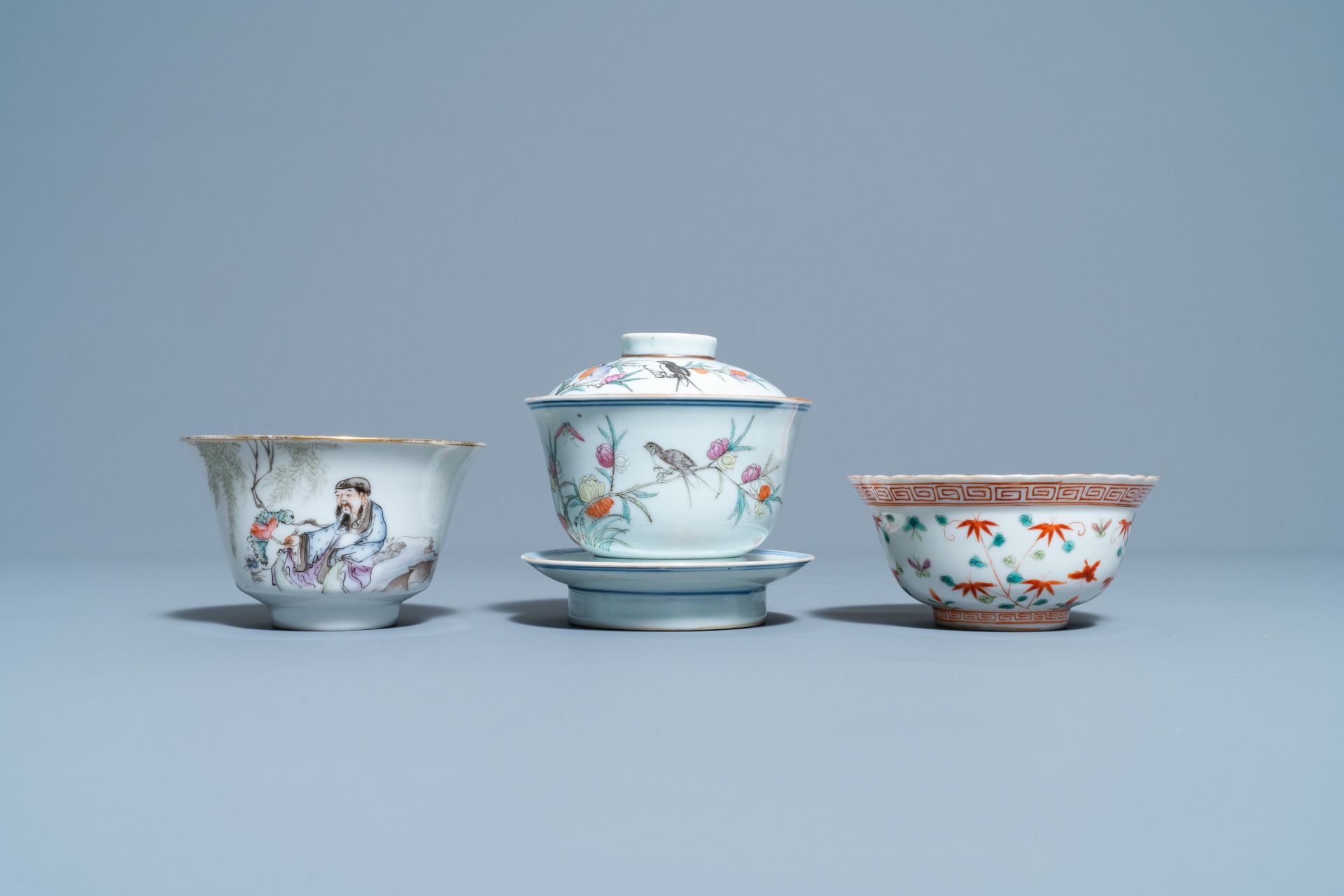 Four Chinese famille rose teapots, three bowls and a caddy, 19/20th C. - Image 15 of 20