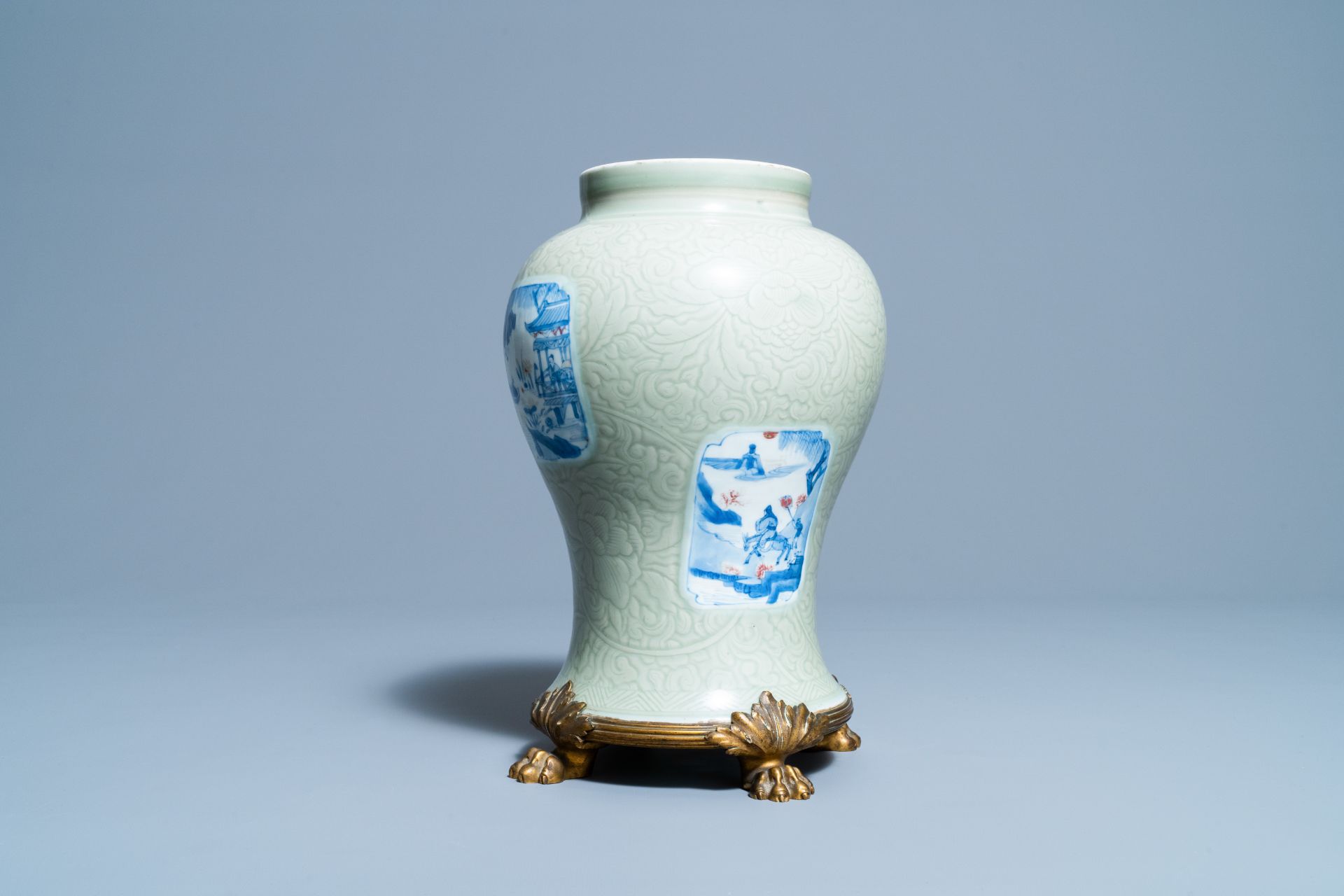 A Chinese incised celadon-glazed vase with blue, white and copper red panels, Kangxi - Image 10 of 14