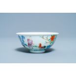 A Chinese famille rose 'boy and rooster' bowl, Qianlong mark, 19th C.