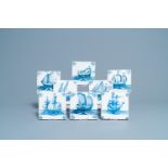 Eight Dutch Delft blue and white tiles with ships, 18th C.