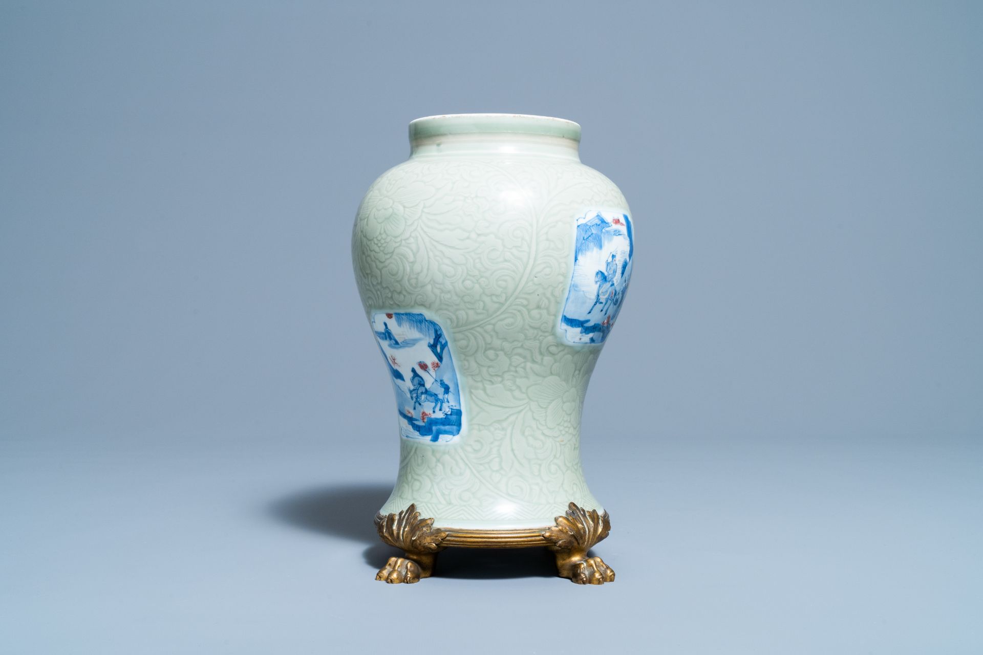 A Chinese incised celadon-glazed vase with blue, white and copper red panels, Kangxi - Image 11 of 14